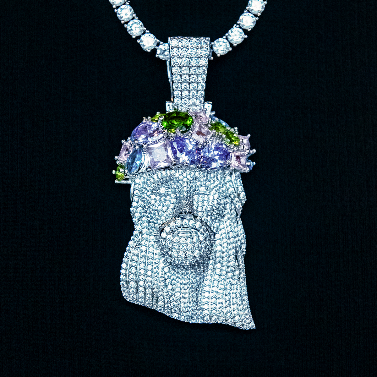 Large Diamond Portrait of Jesus Royal Stones Pendant - White Gold