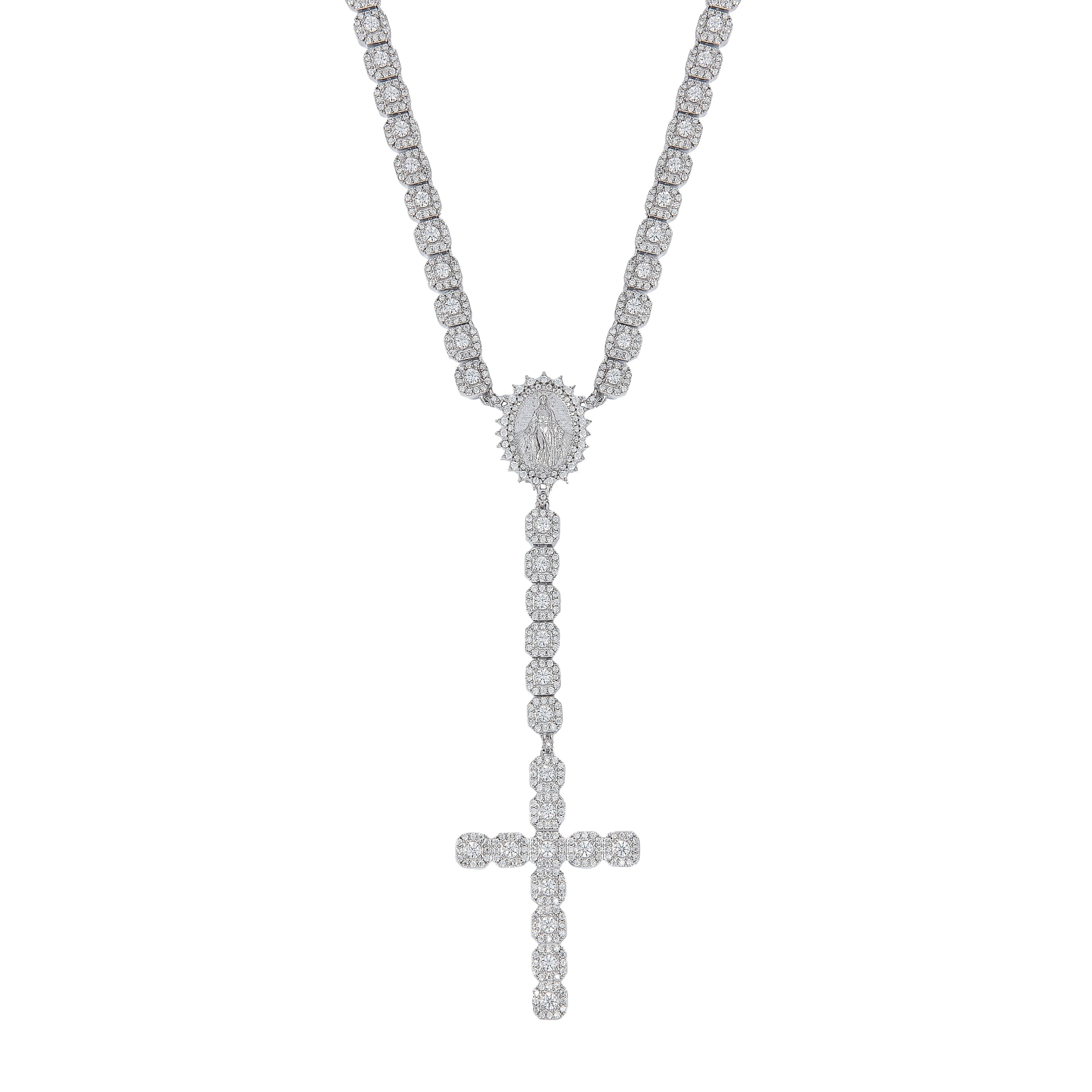 Women's Moissanite Micro Clustered Rosary Chain Necklace in White Gold Vermeil