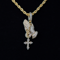 Micro Iced Praying Hands with Cross Pendant in Yellow Gold