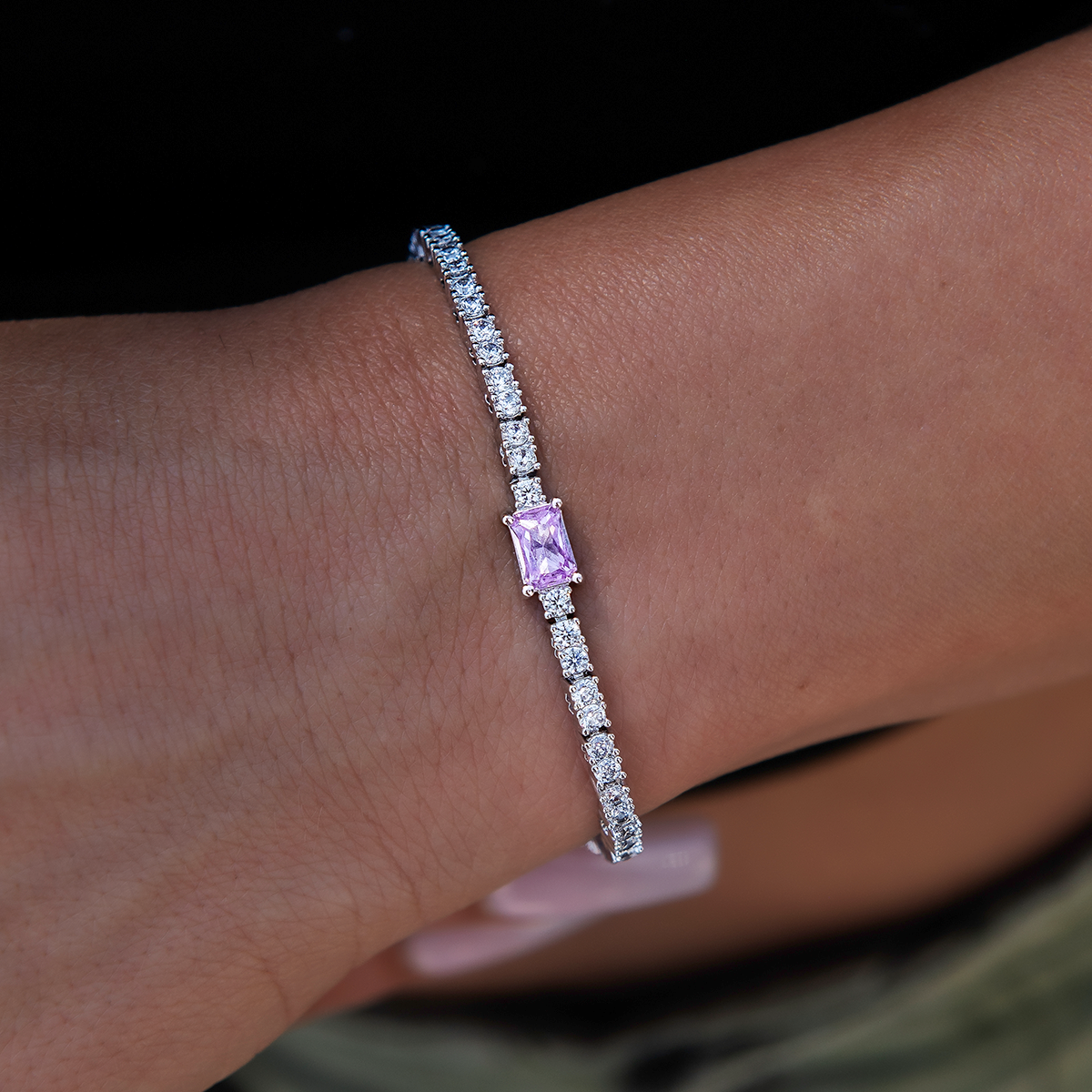 Pink Iced Rock Diamond Tennis Bracelet in White Gold
