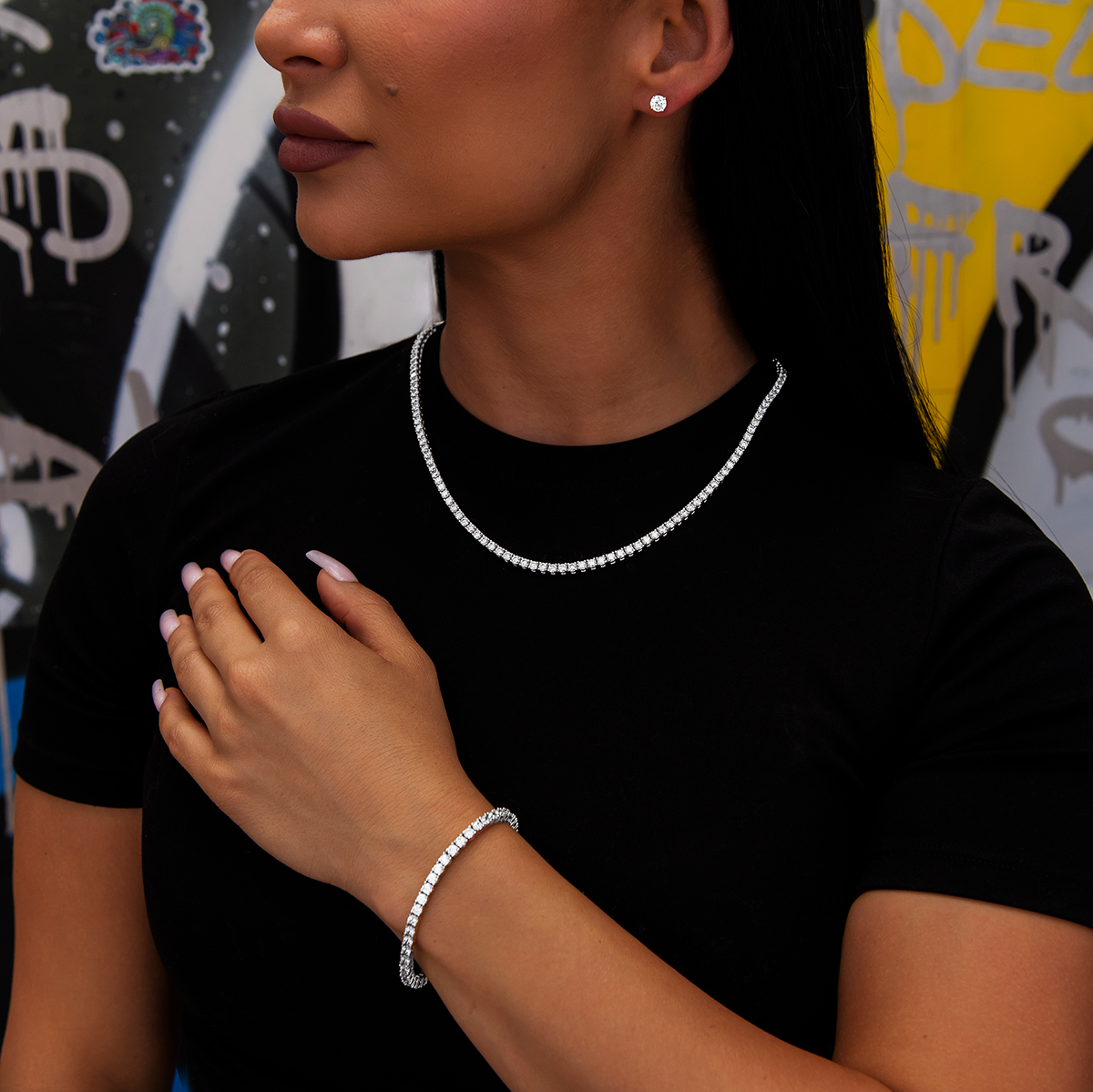 Diamond Tennis Necklace + Bracelet + 5mm Round Cut Earring Bundle in White Gold- 3mm
