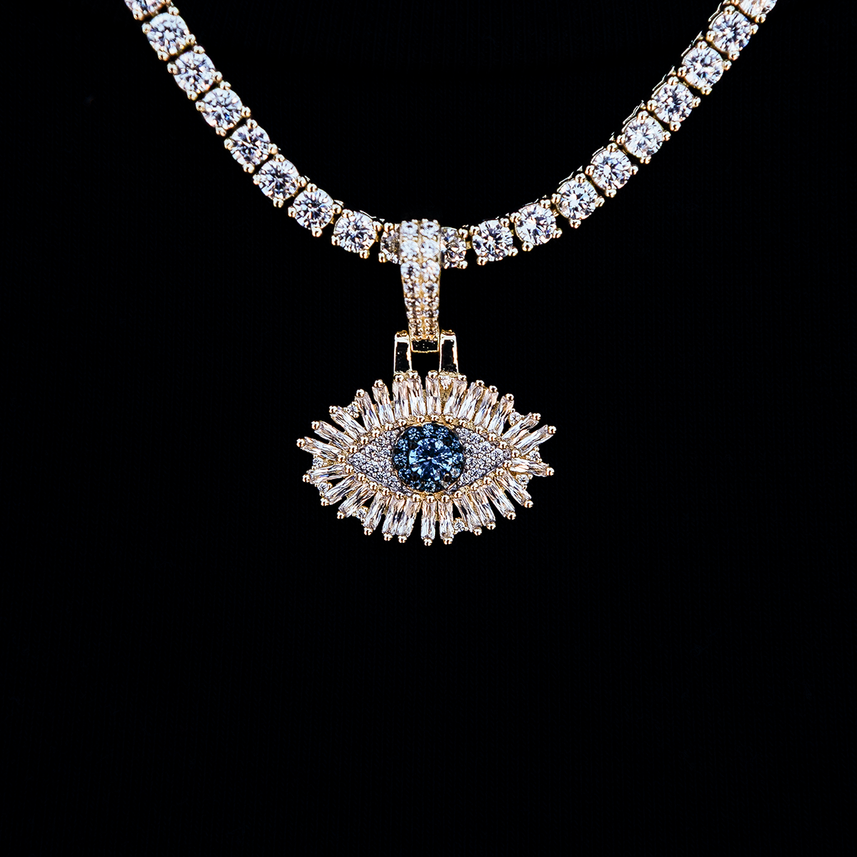 Iced Evil Eye Micro Pendant in Yellow Gold