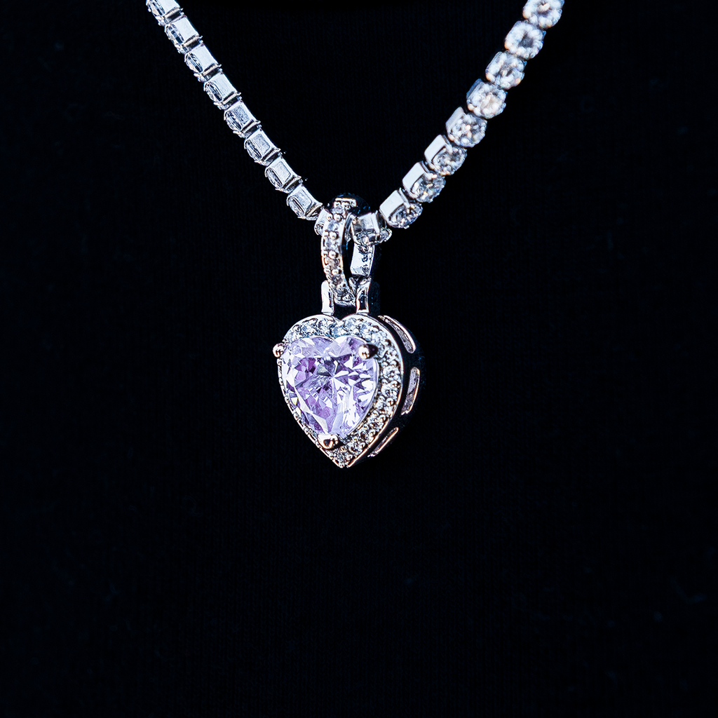 Micro Iced Purple Heart Pendant in White Gold