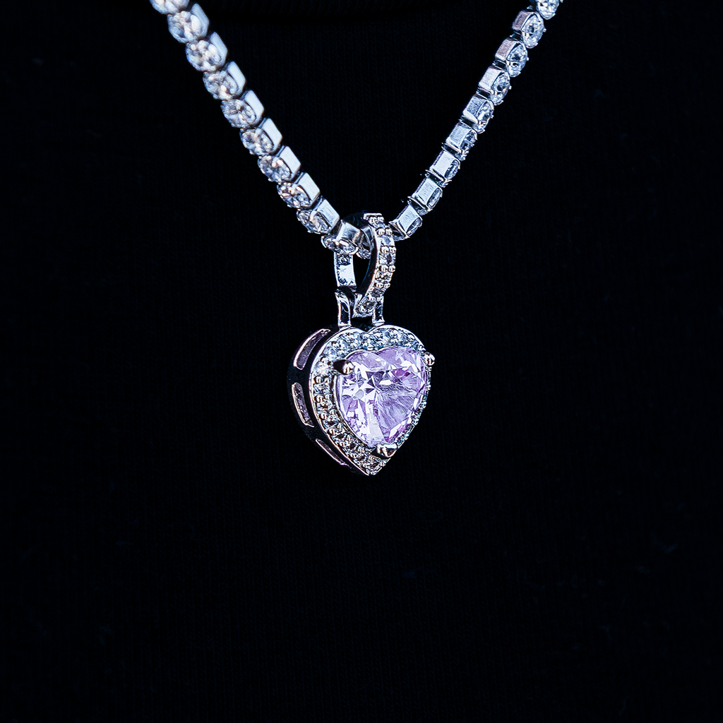 Micro Iced Purple Heart Pendant in White Gold
