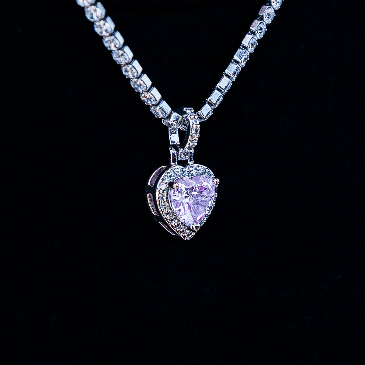 Micro Iced Purple Heart Pendant in White Gold