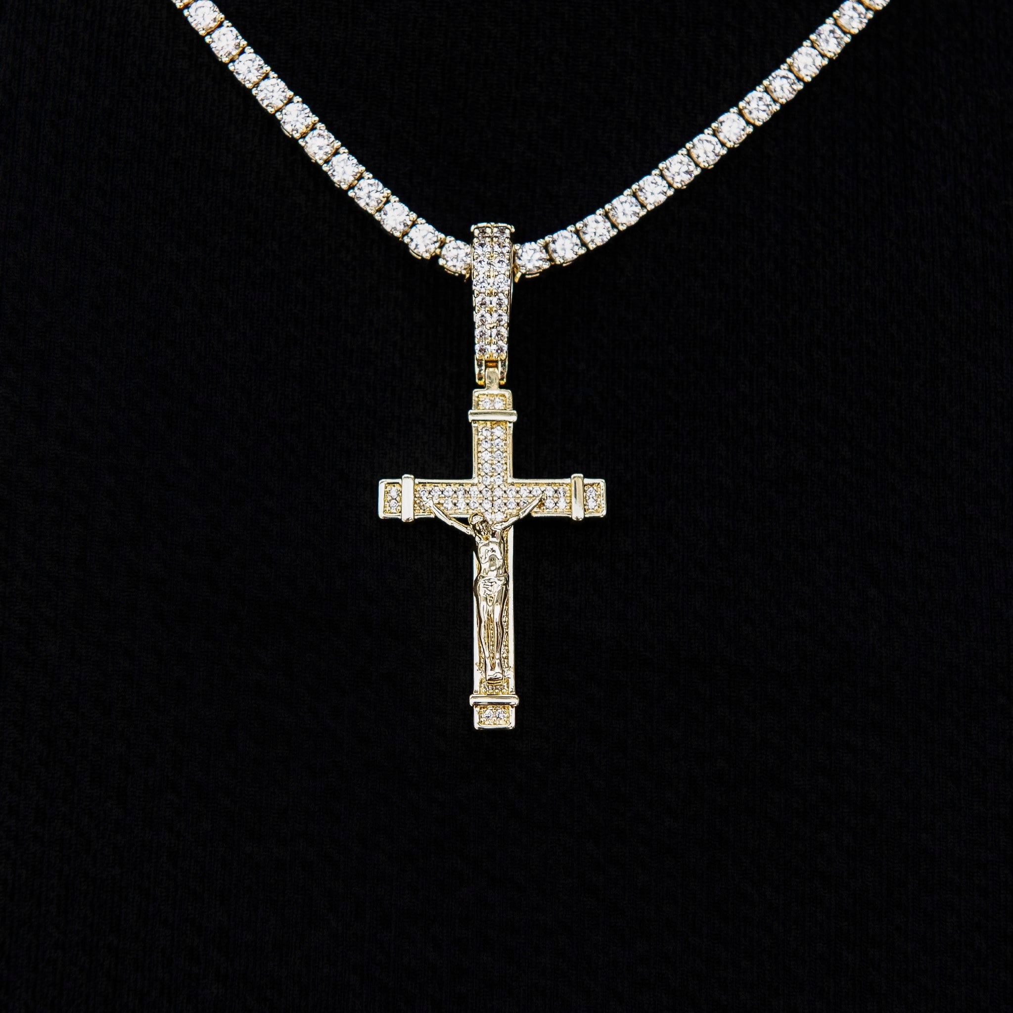 Iced Flat Crucifix Cross Pendant in Yellow Gold