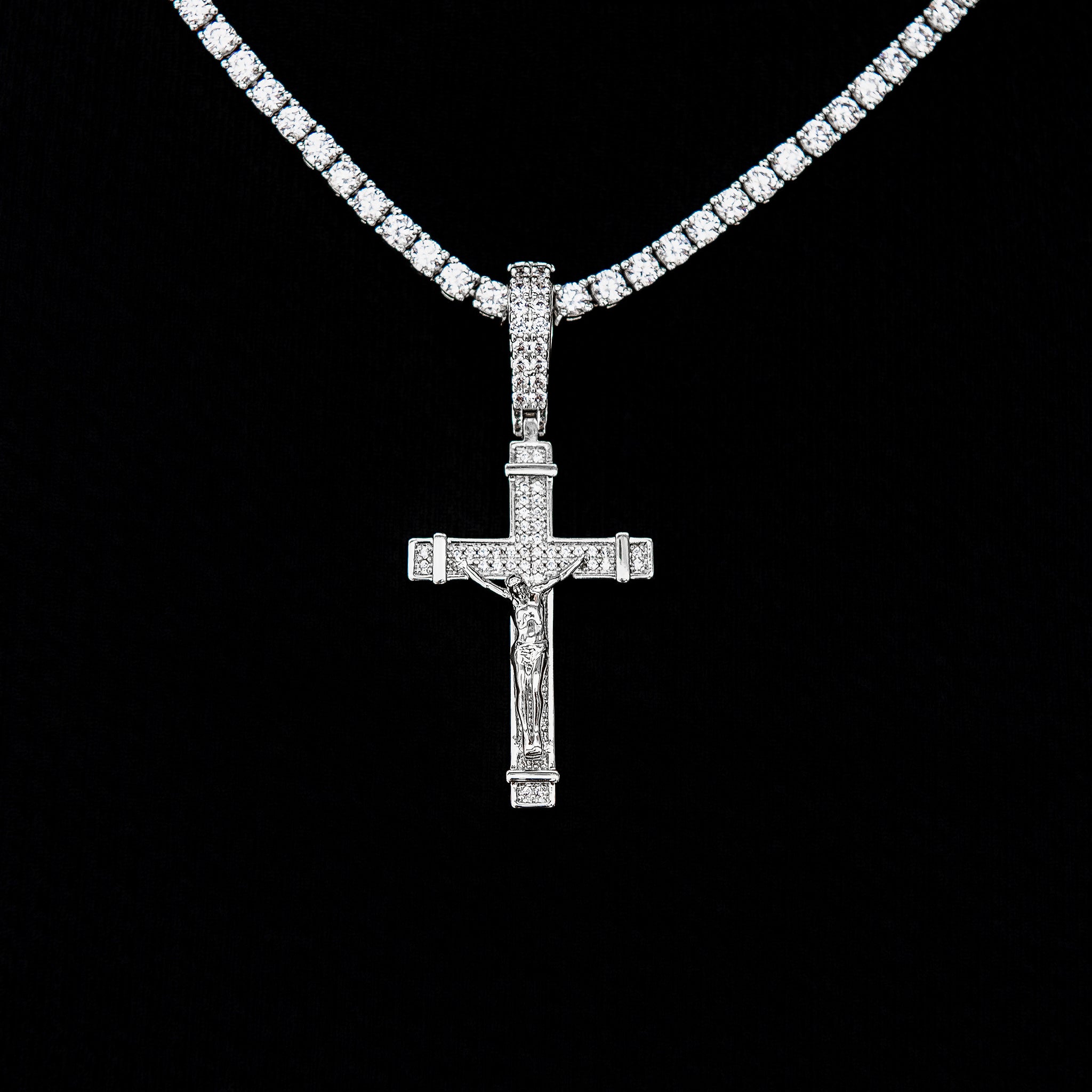 Iced Flat Crucifix Cross Pendant in White Gold
