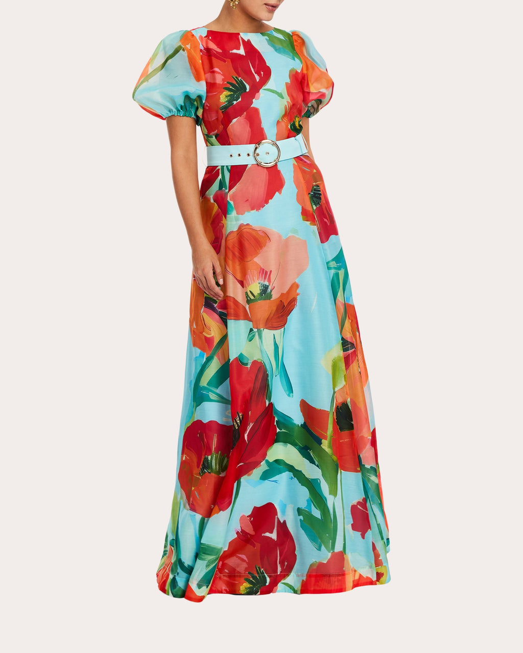 Pippa Floral Organza Puff-Sleeve A-Line Gown