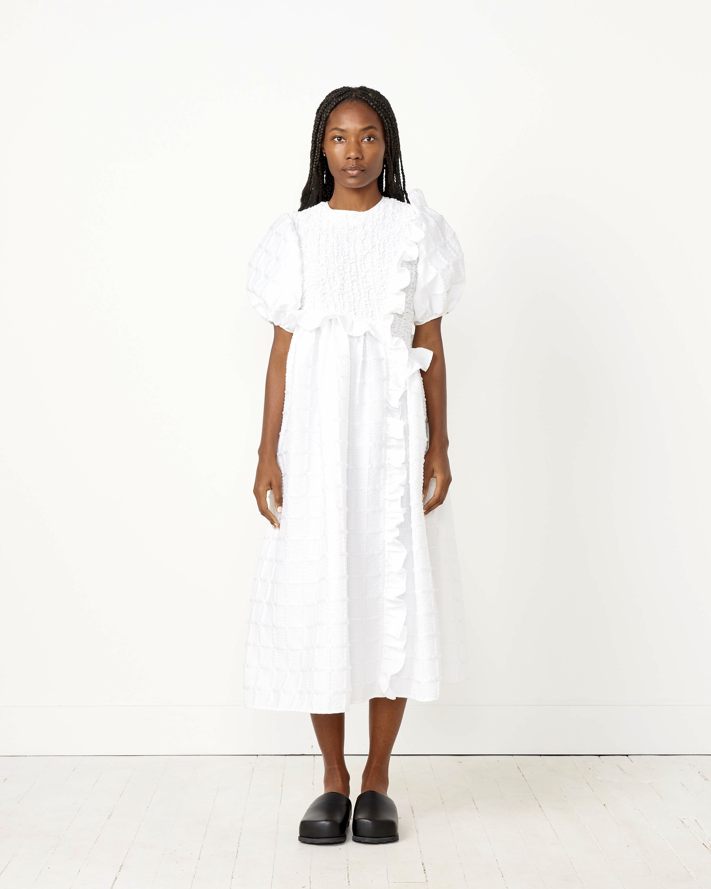 Smocked Panels & Ruffles Maxi Gown in White