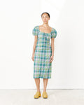 Seersucker Check Gathered U-Neck Midi Dress in Lagoon