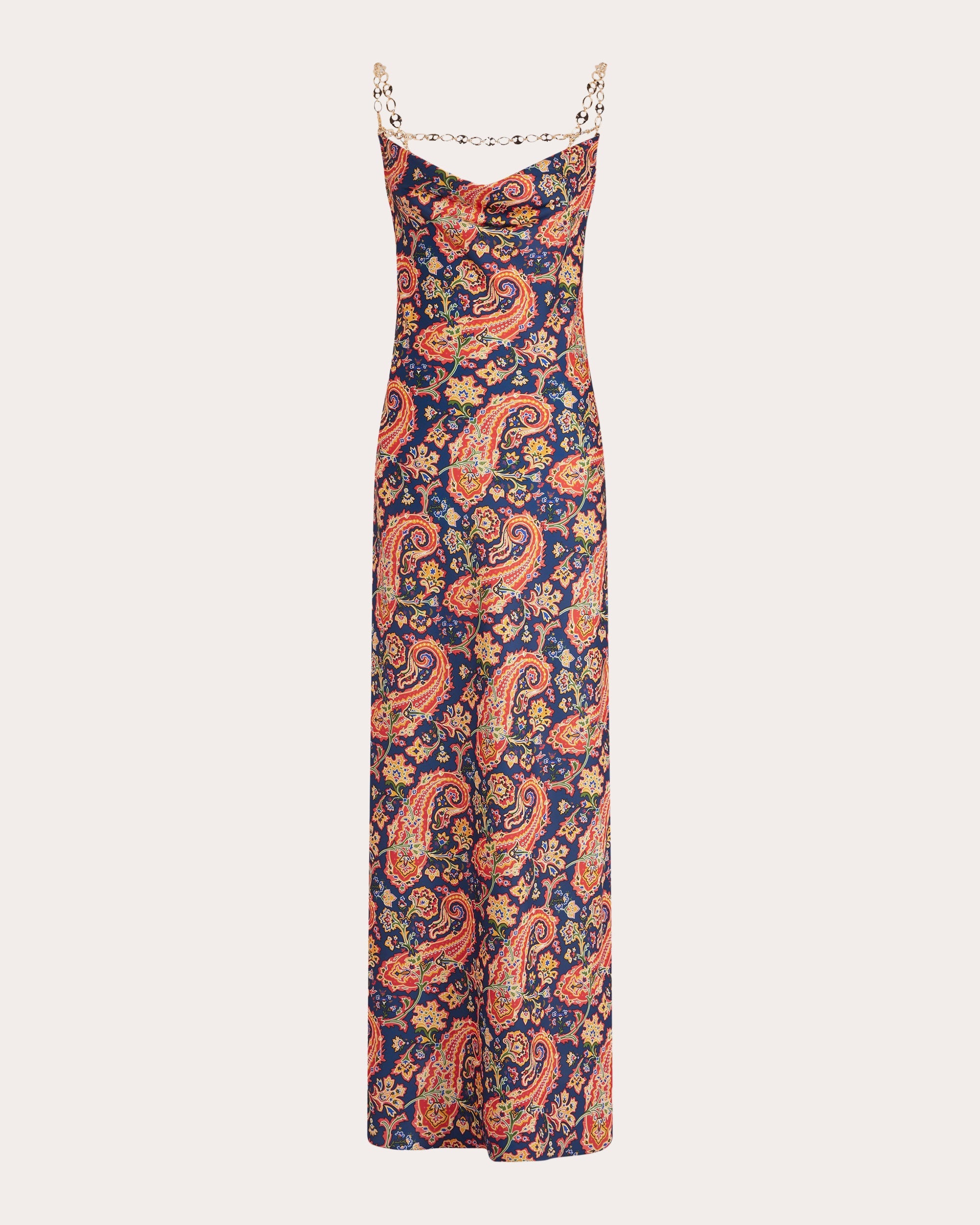 Chain-Embellished Paisley-Print Satin Maxi Dress