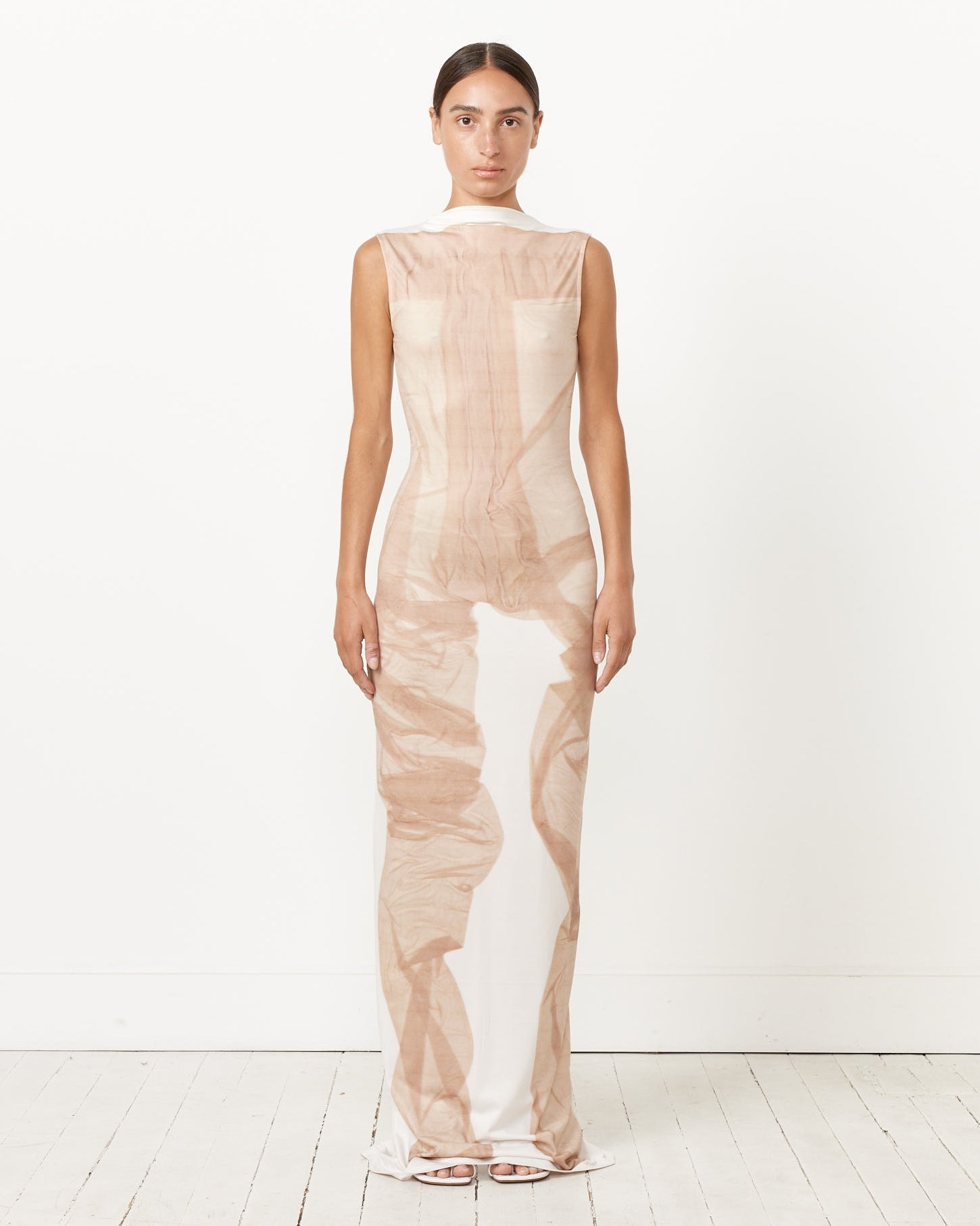 Print Long Dress in White/Beige