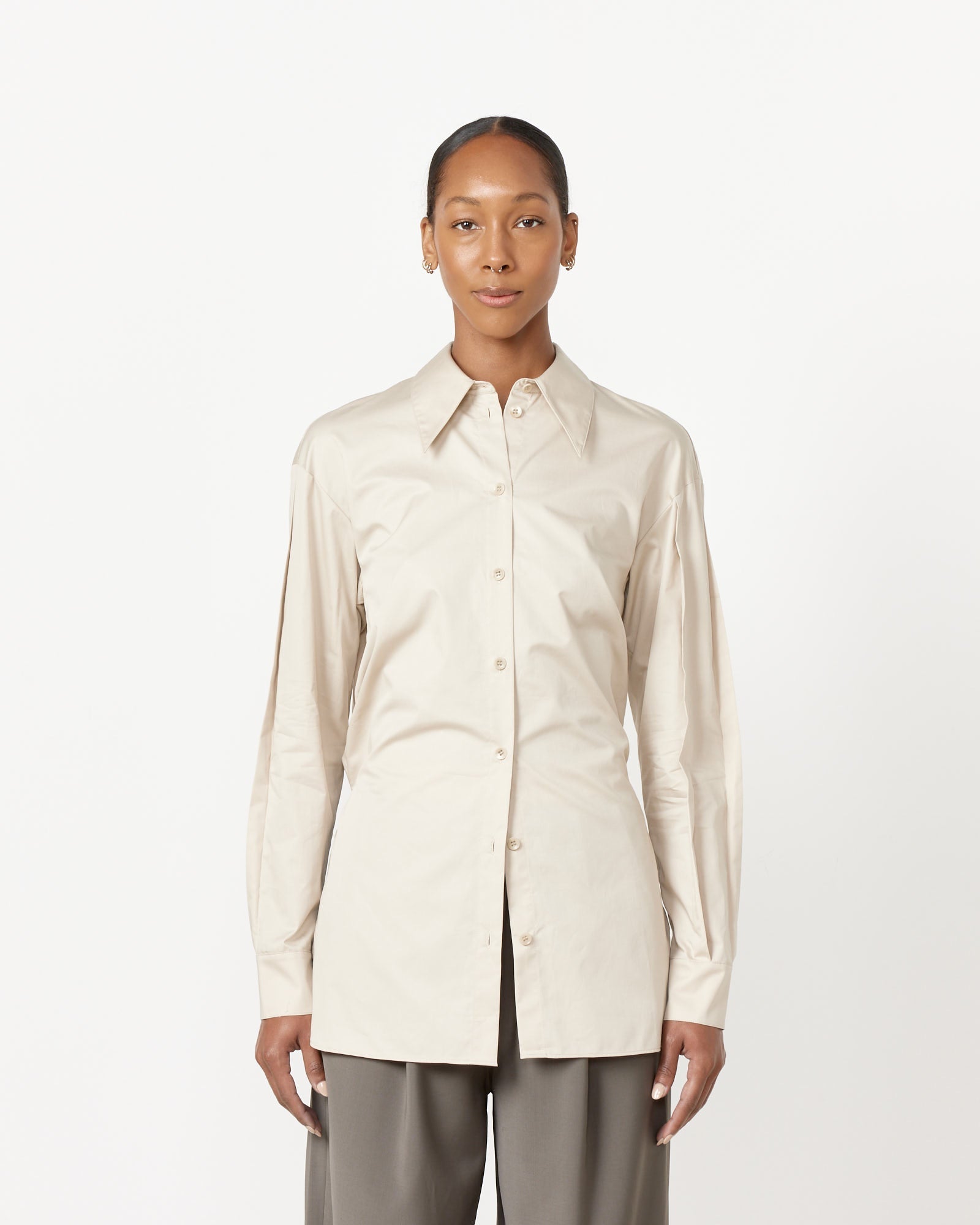 Tucked Sleeve Shirt in Light Stone