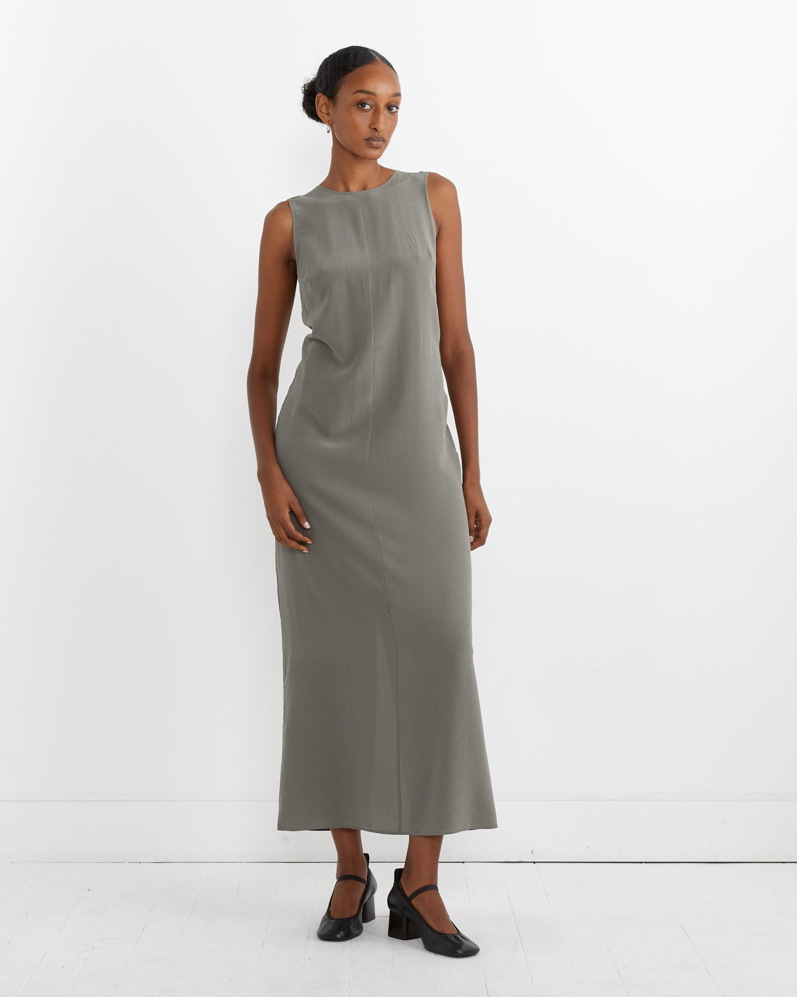 Drawstring Silk Dress in Smokey Olive
