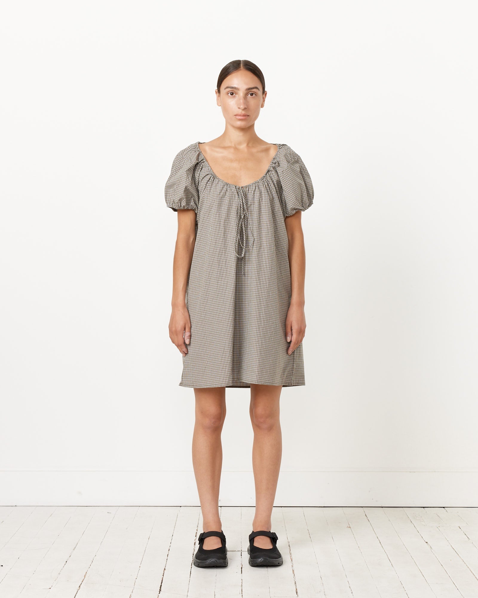 Capped Sleeve Dress in Khaki Check