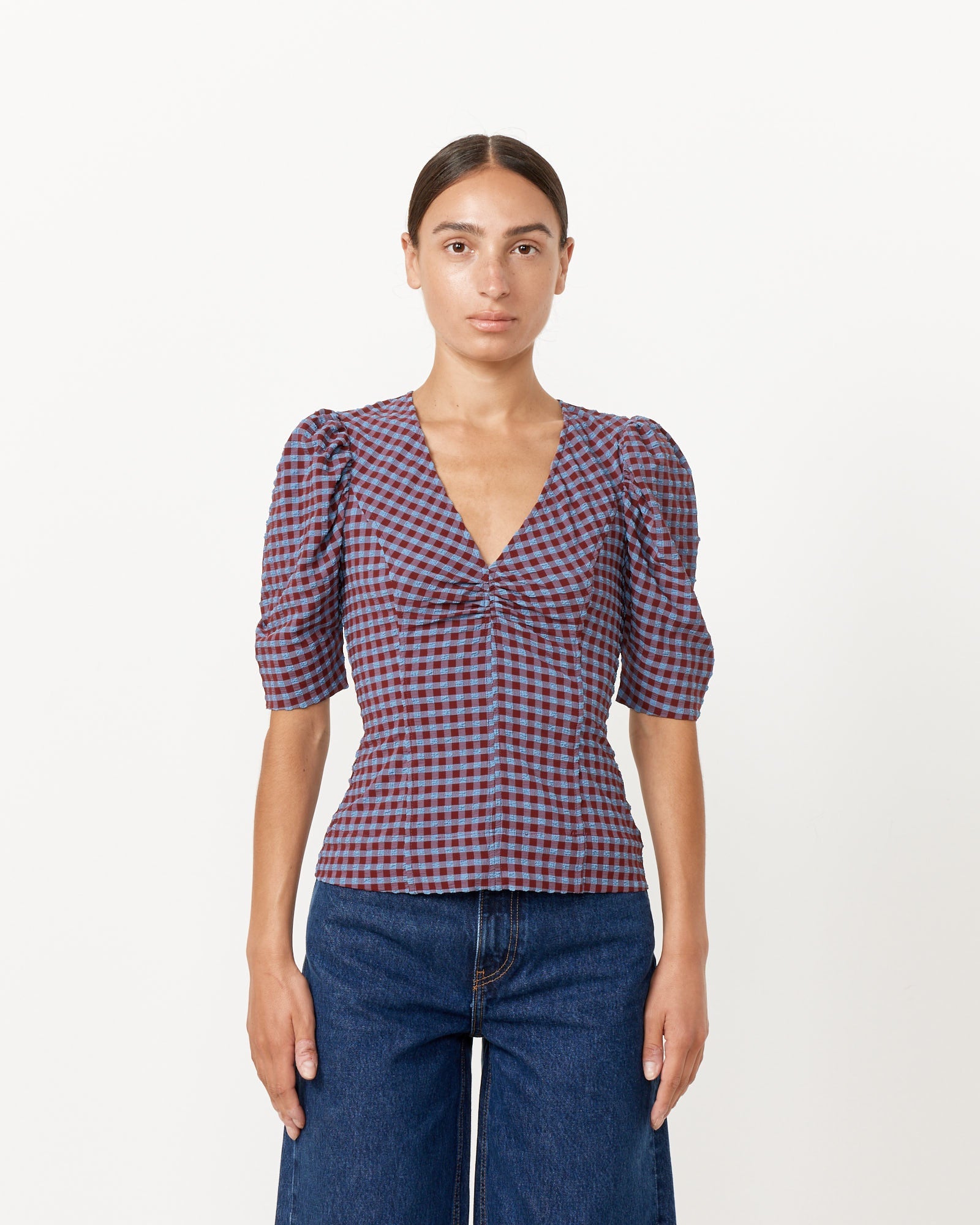 Seersucker V-Neck Blouse in Racing Red