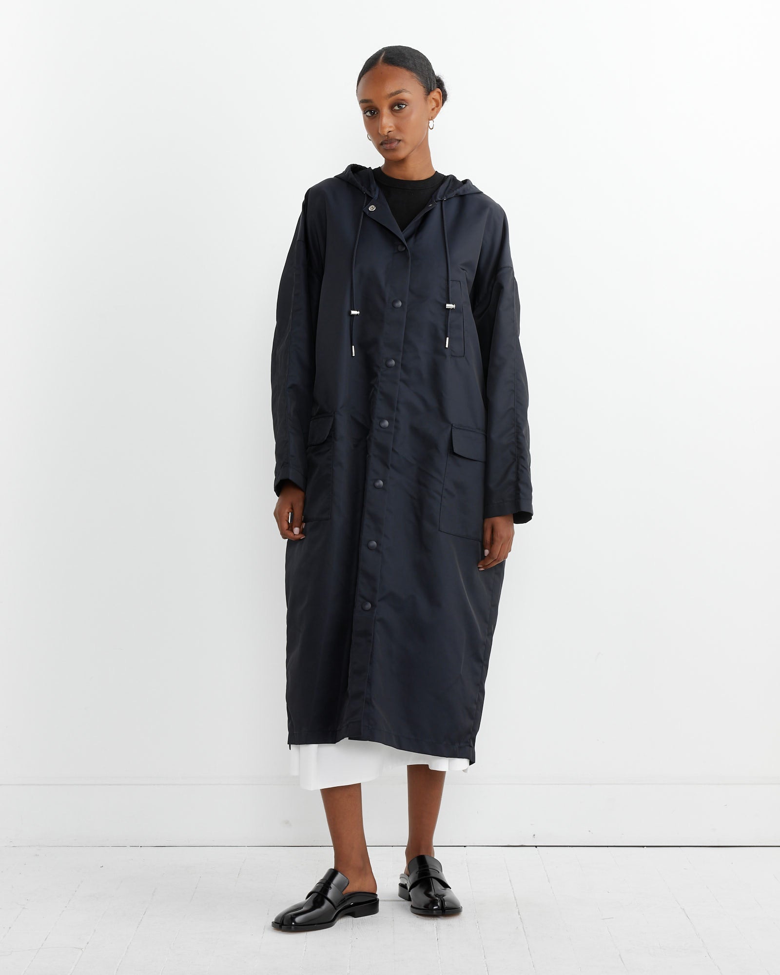 Eco Nylon Hooded Coat in Midnight Navy