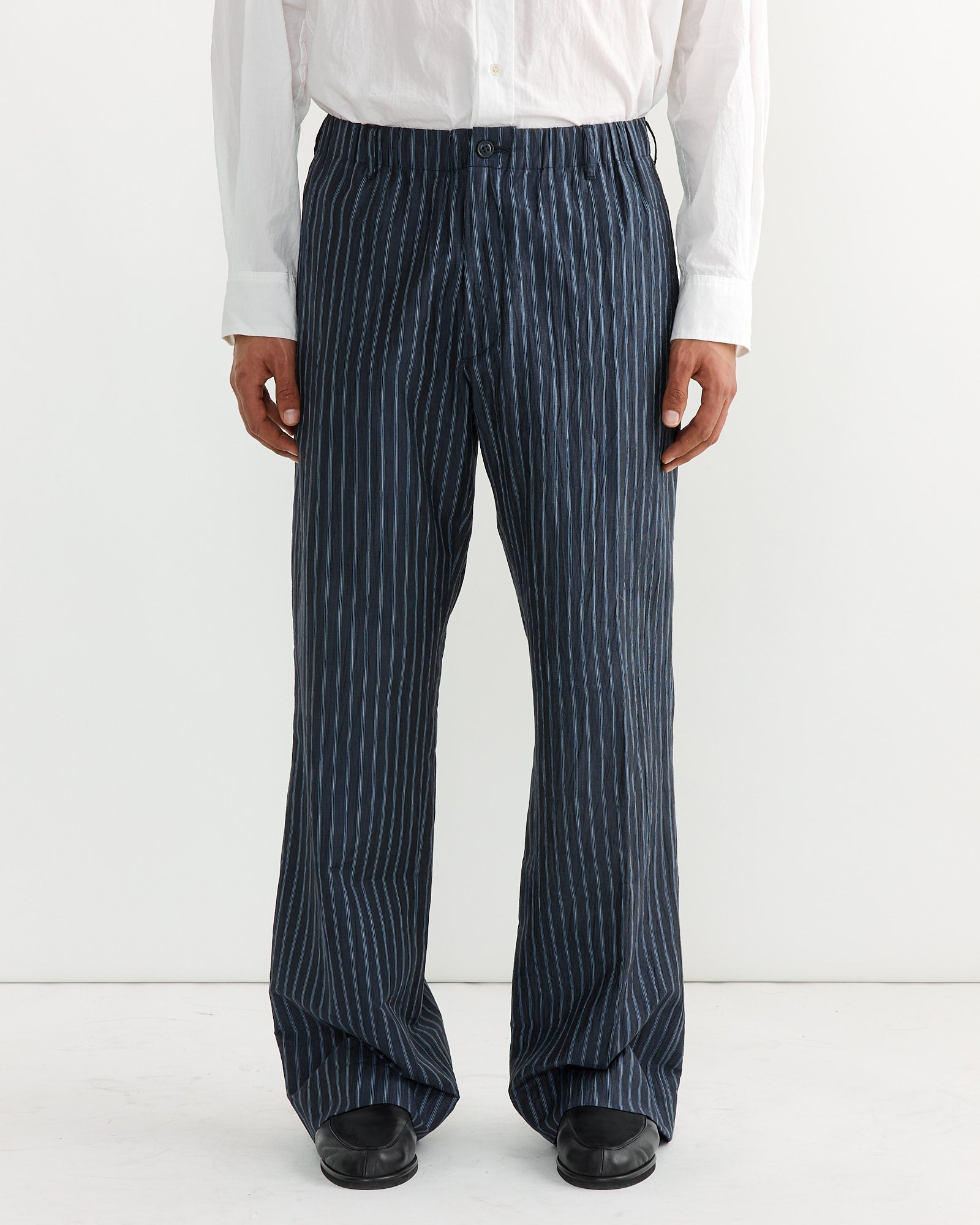 Drape Trouser in Crinkle Stripe Navy