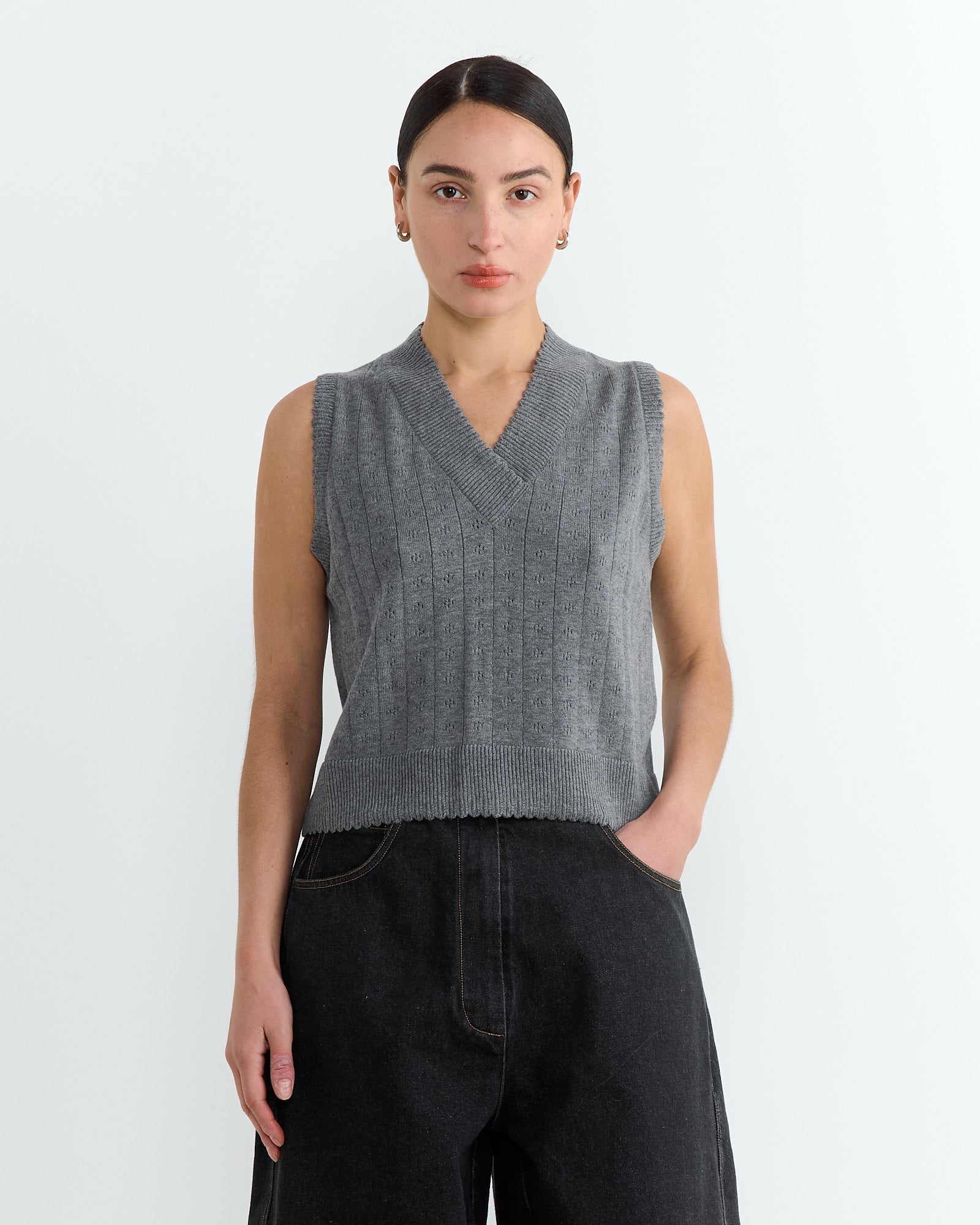 Merino Pointelle Waistcoat in Grey