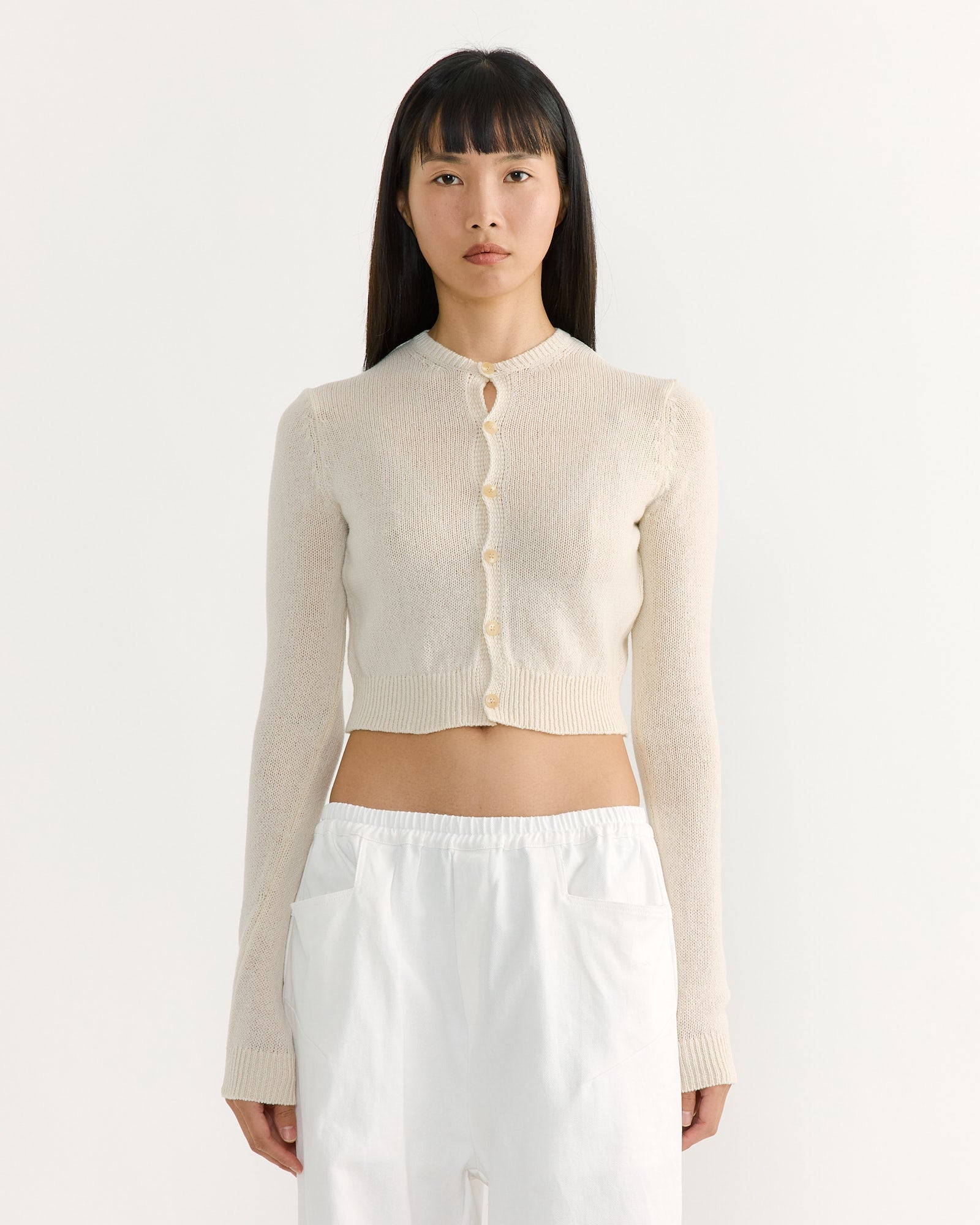 Summer Cashmere Crew Neck Cardigan in Ivory White