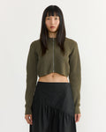 Flat Yarn Crew Neck Zip Cardigan in Khaki