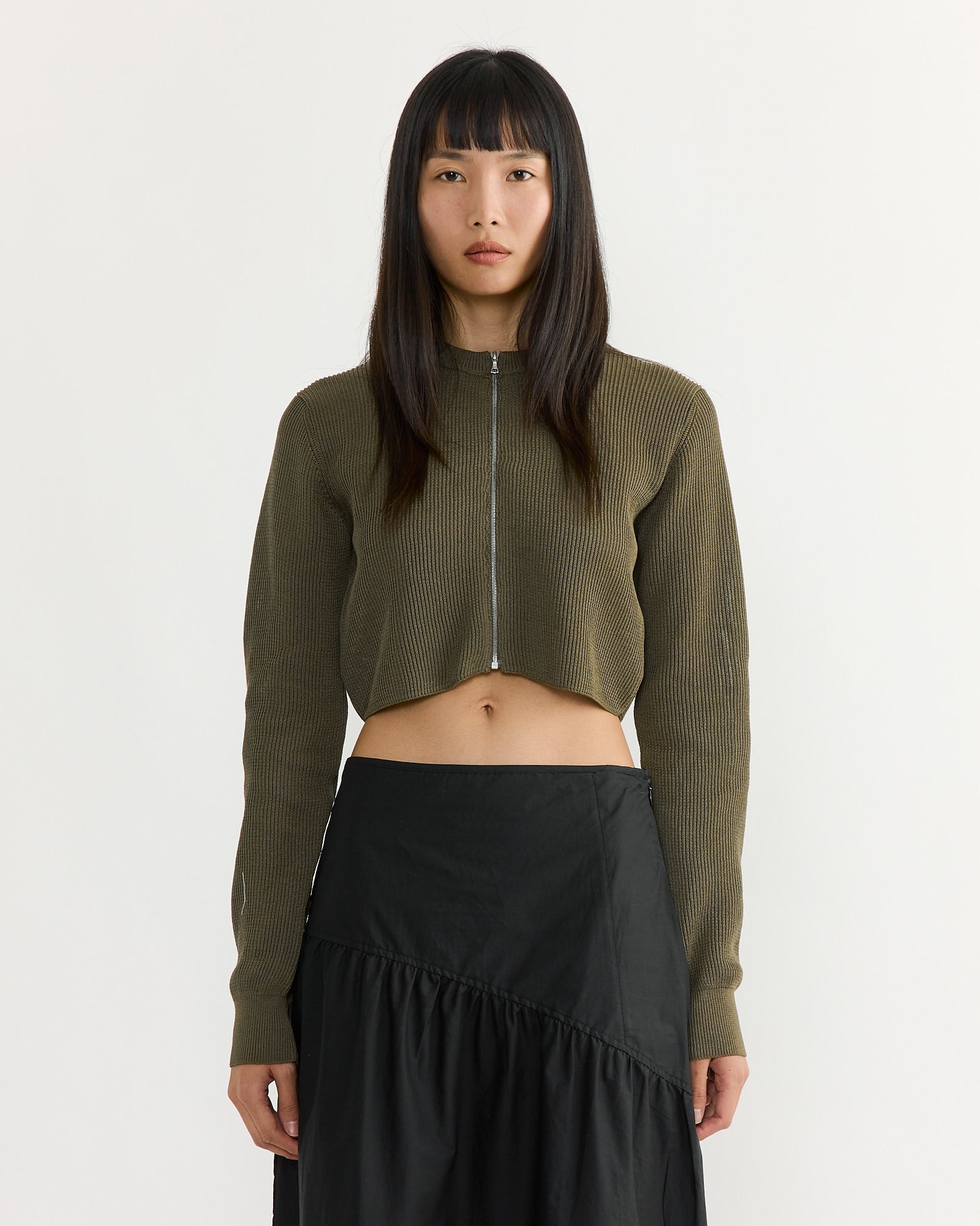 Flat Yarn Crew Neck Zip Cardigan in Khaki