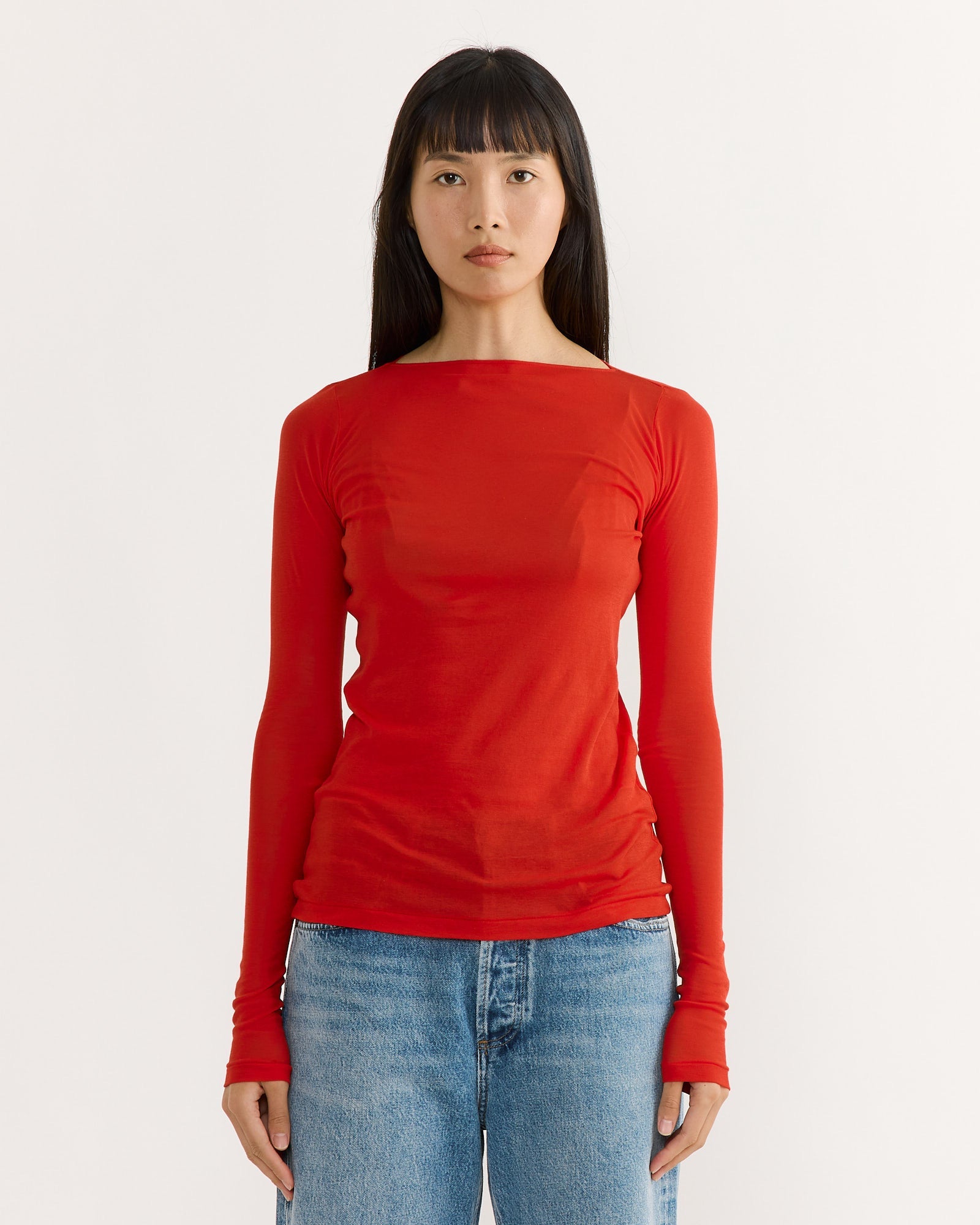 Super High Gauge Sheer Boat Neck Tee in Red