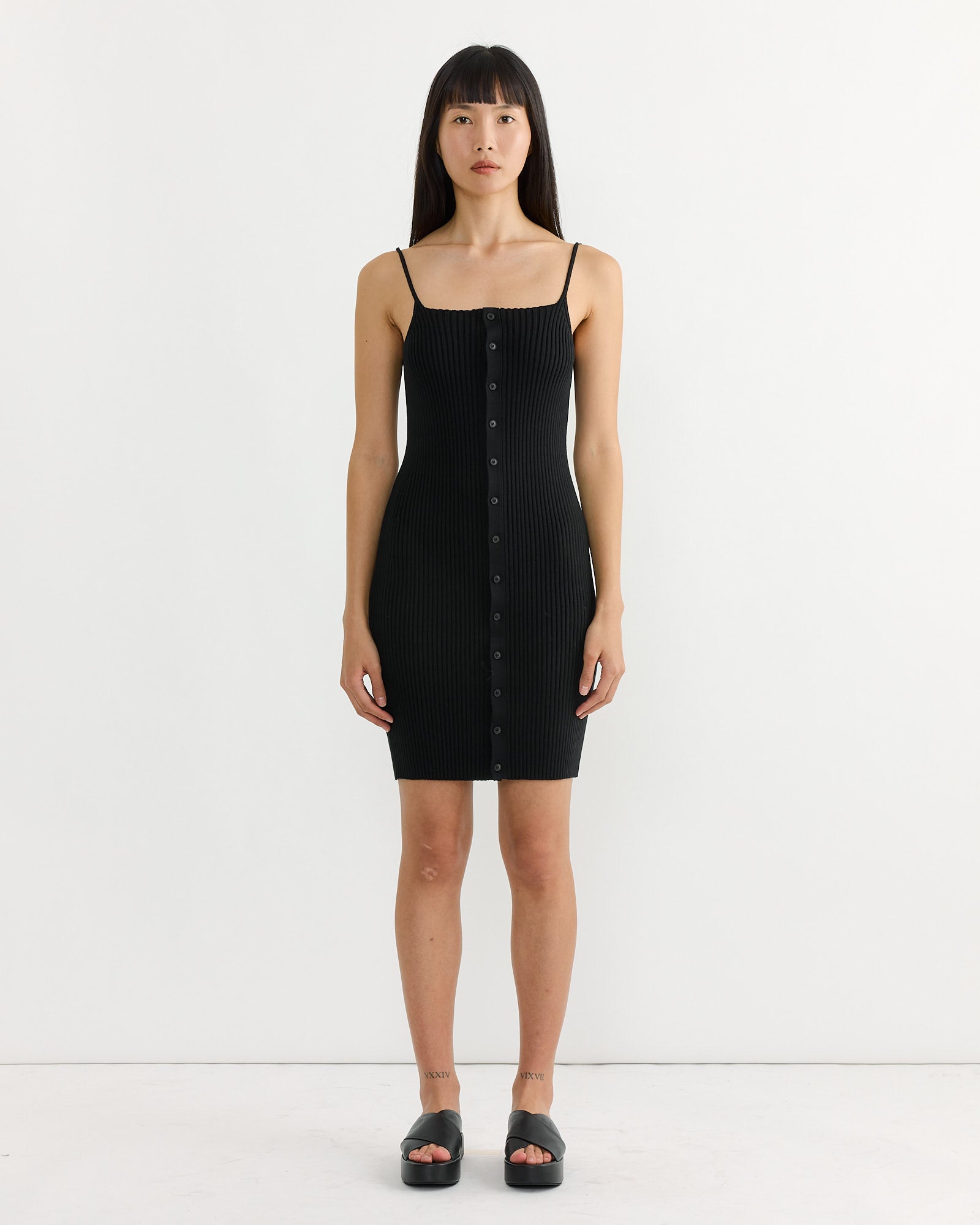 Cotton Silk Rib Mini Dress in Black