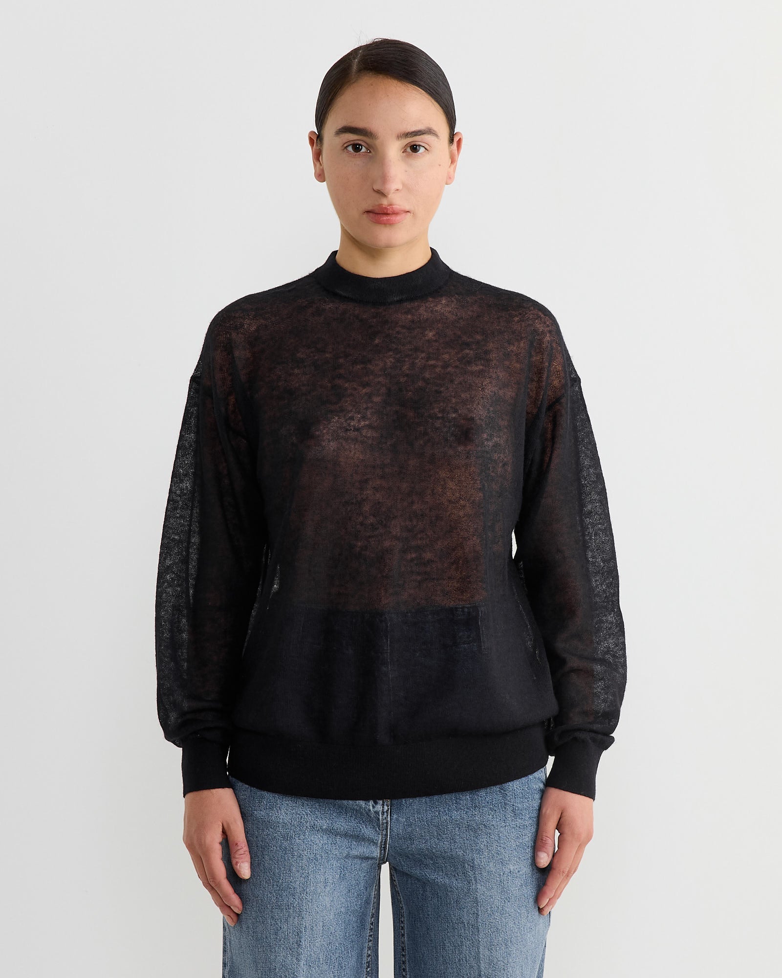 Sheer Sweater Crewneck Easy Pullover in Dark Navy