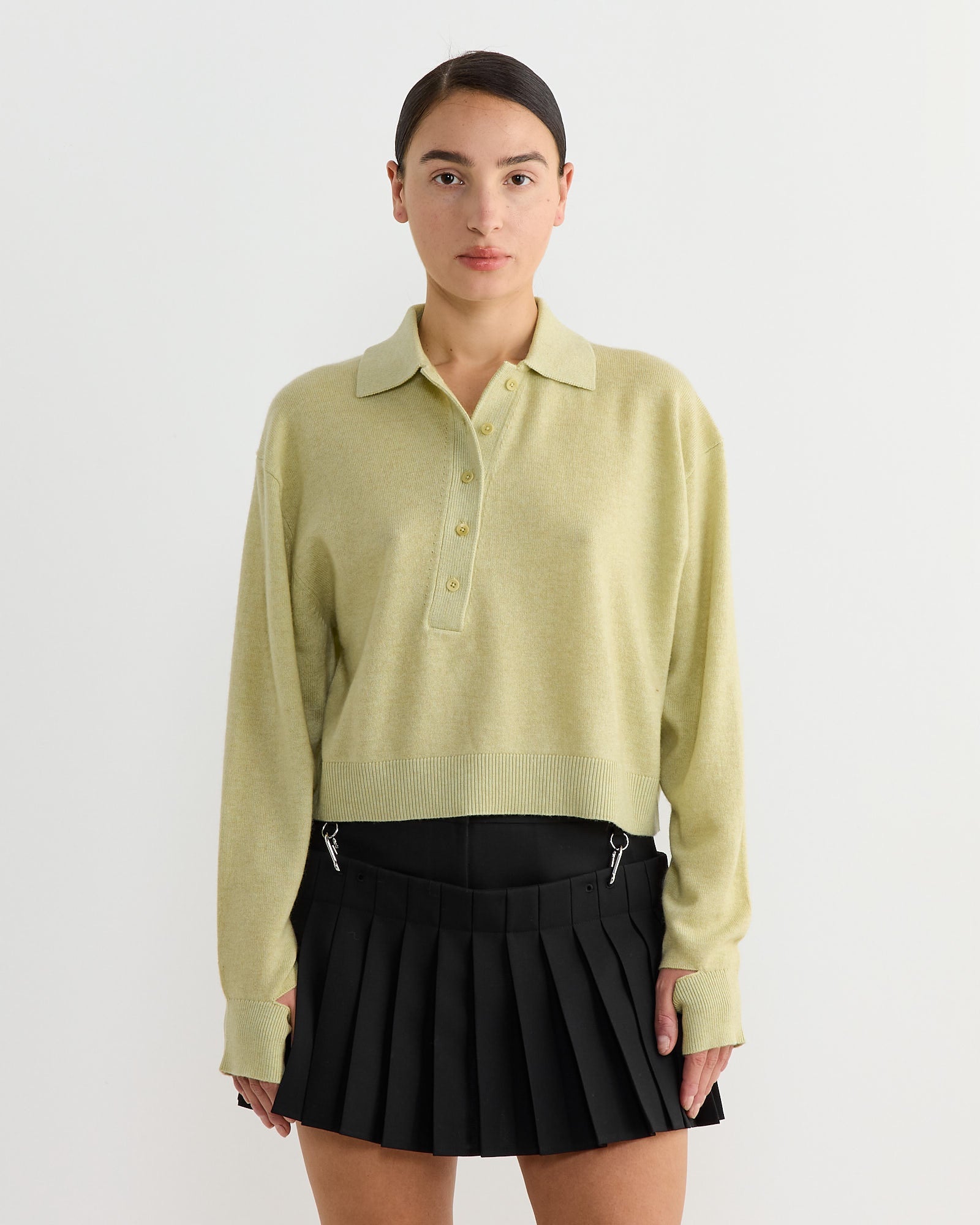 Washable Cashmere Cropped Polo in Light Green