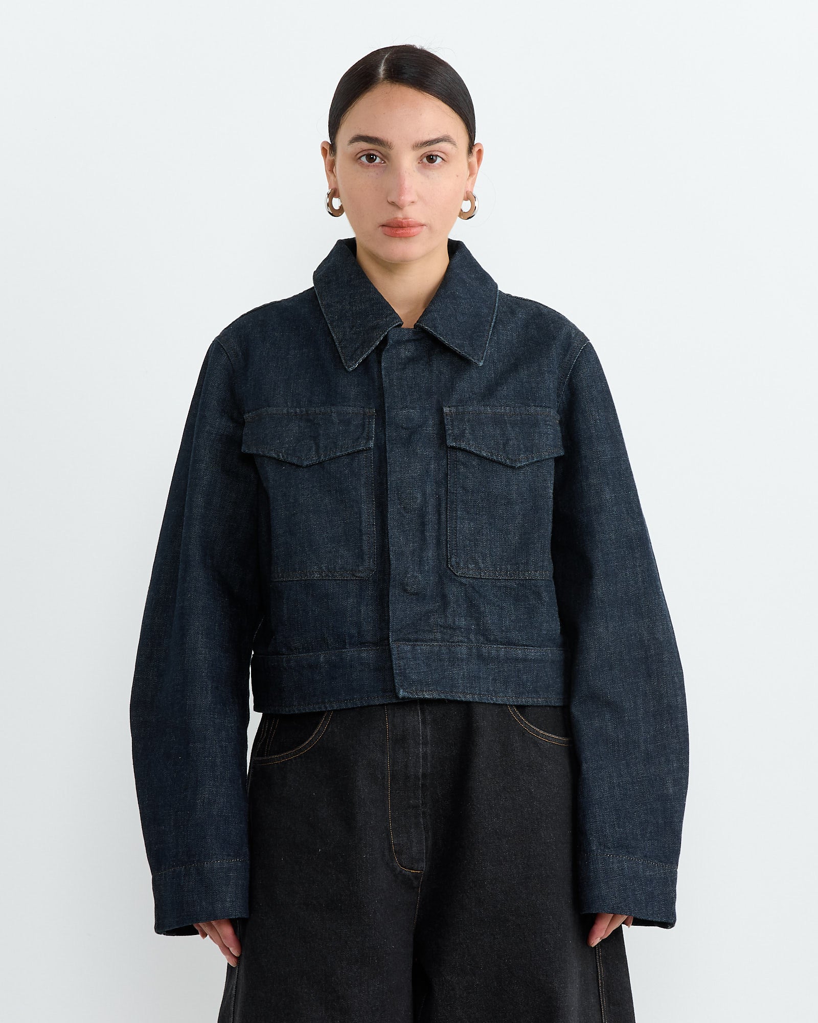 Two Pocket Cropped Jacket in Denim Indigo