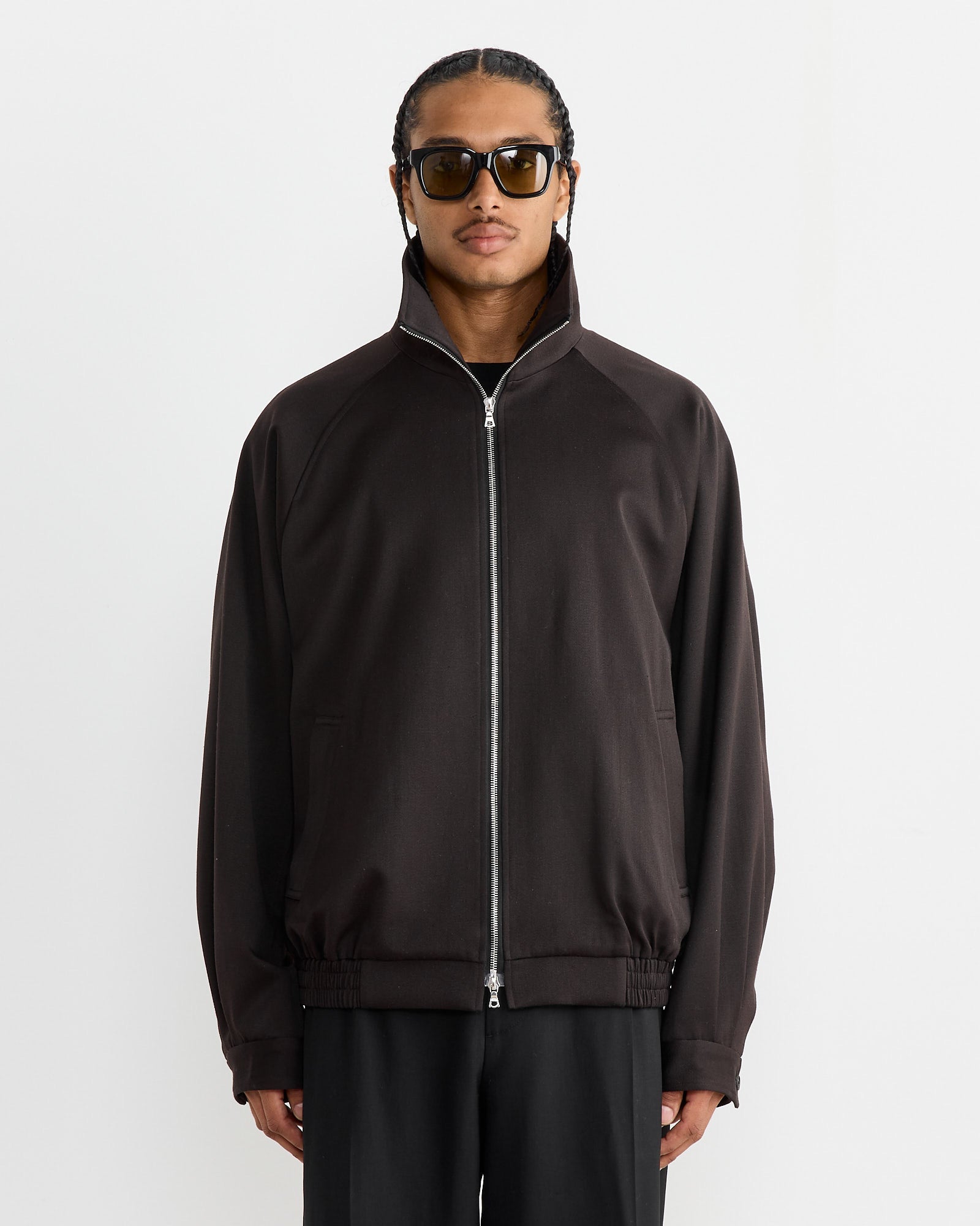Satin Zip Up Short Jacket in Dark Brown