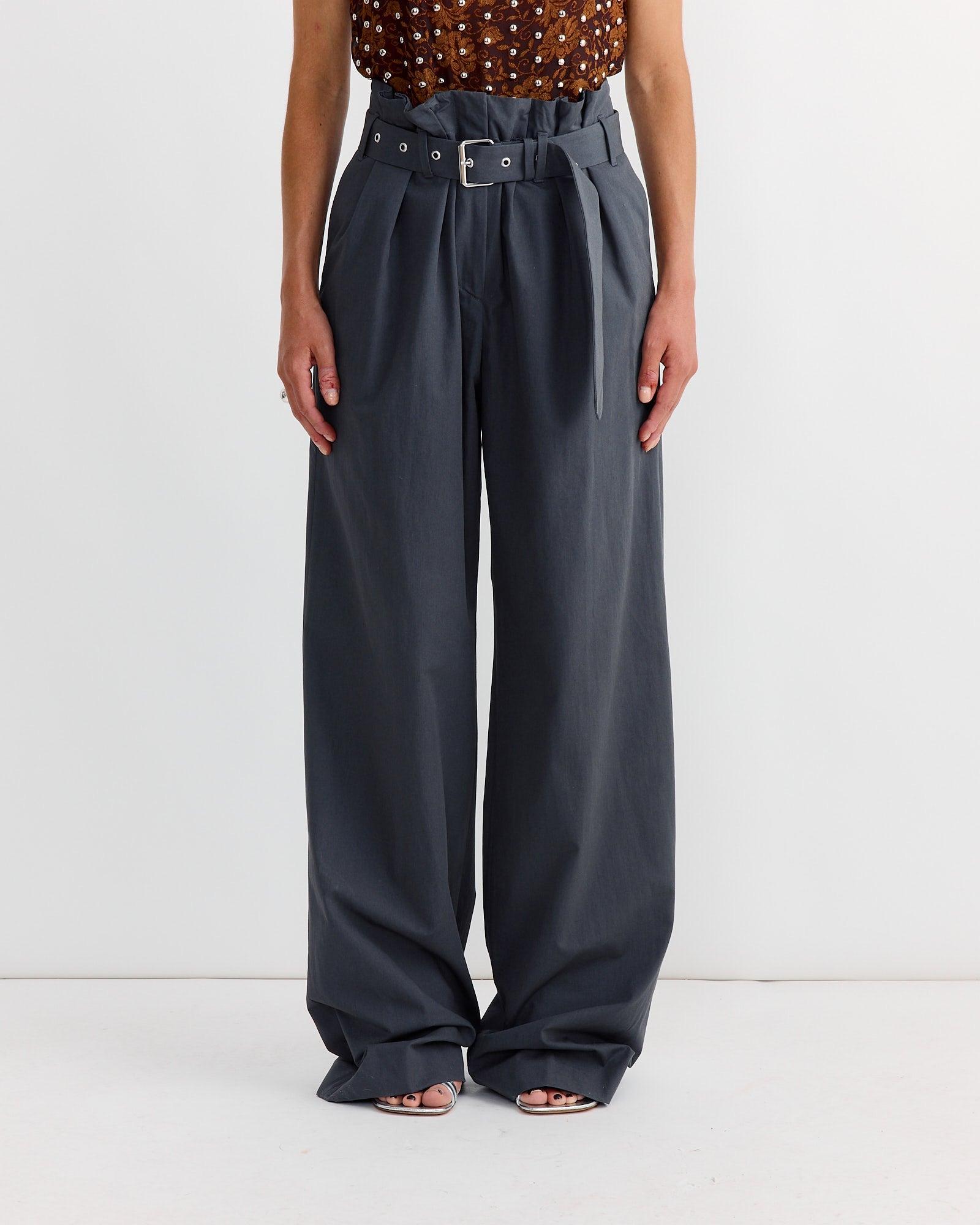 Belted Cotton Pants in Dark Grey