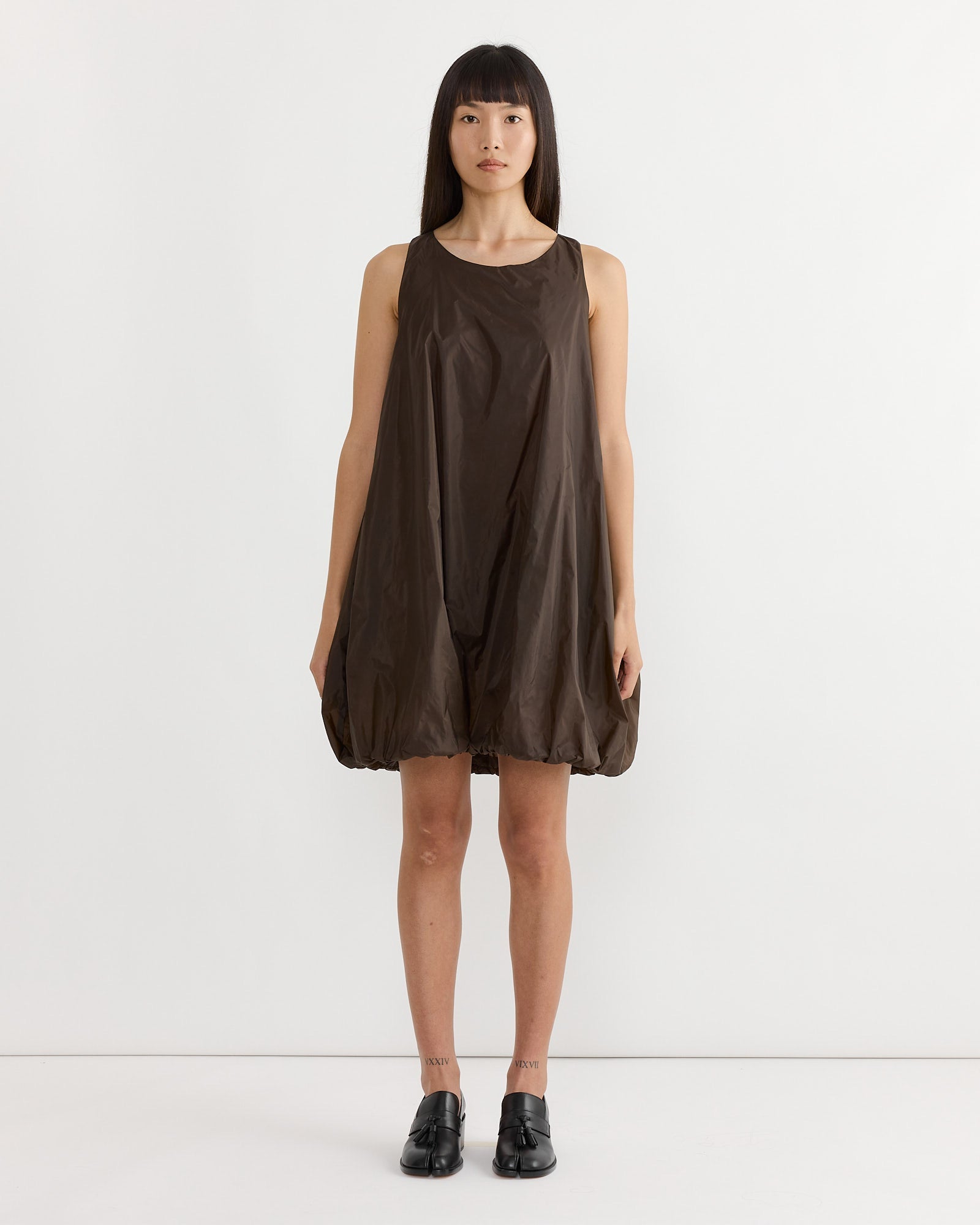 Nylon Volume Mini Dress in Brown