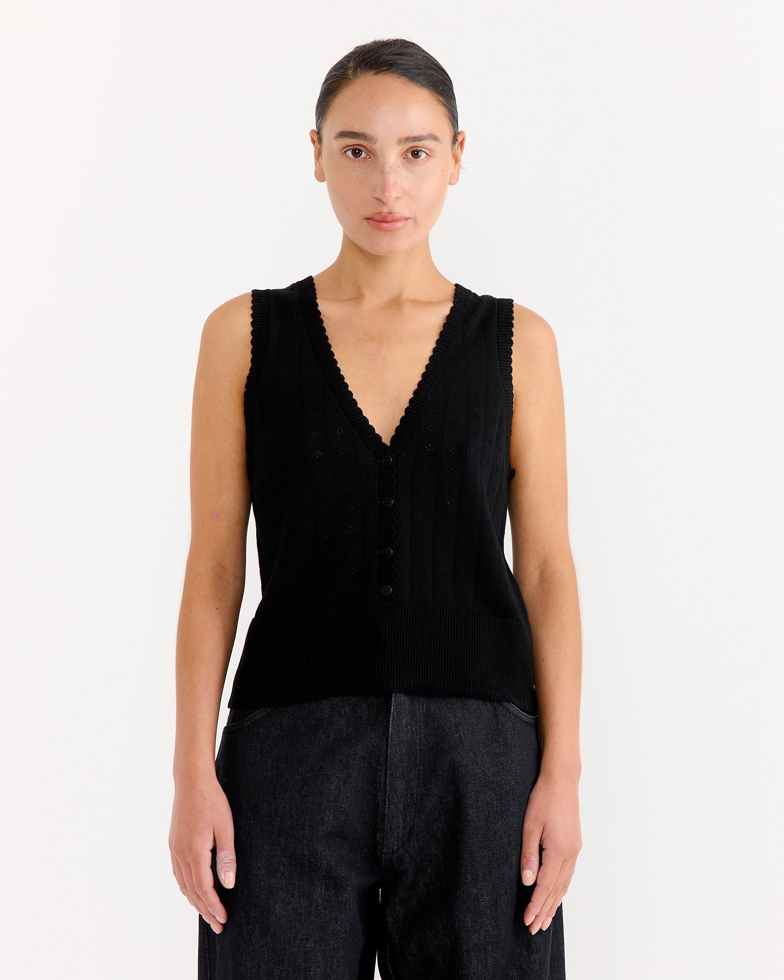 Organic Cotton Pointelle Waistcoat in Black