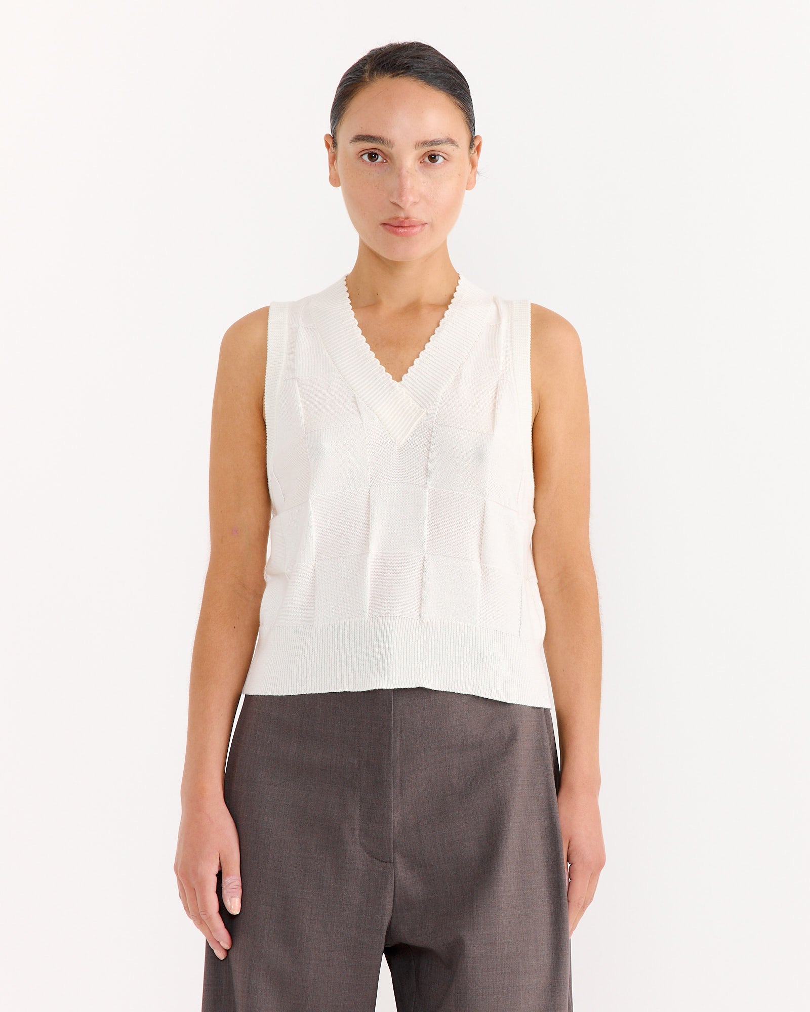 Checkered Cotton & Cashmere Waistcoat in White