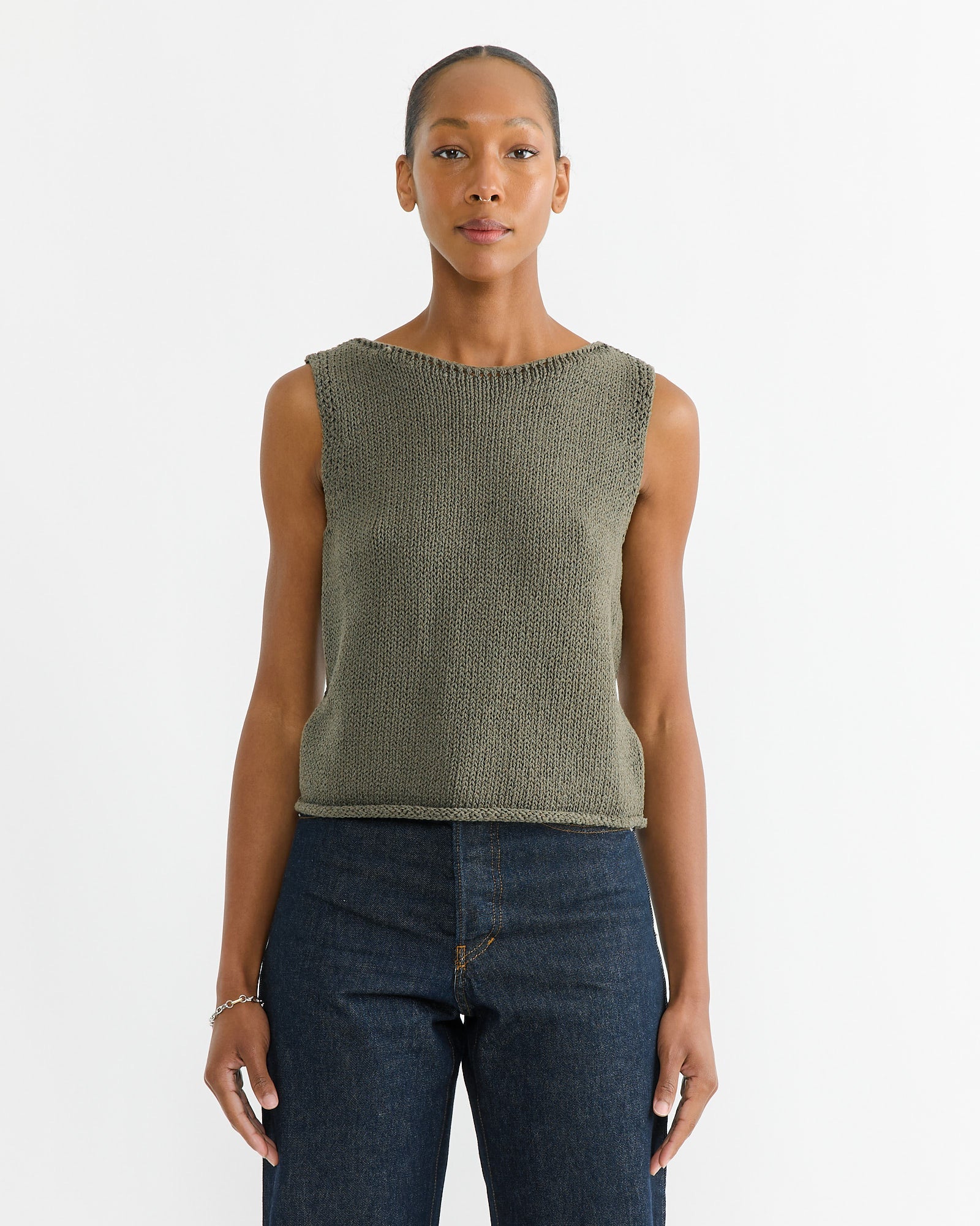 Boat Neck Knit Tank in Olive