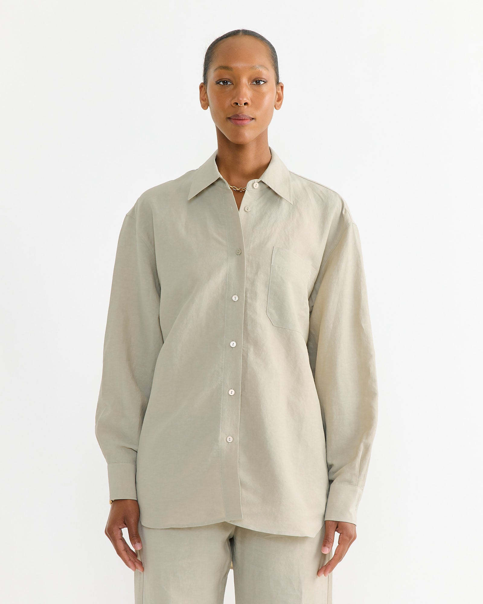 Silk Linen Oversized Shirt in Light Khaki