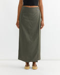 Linen Blend Maxi Wrap Skirt in Olive