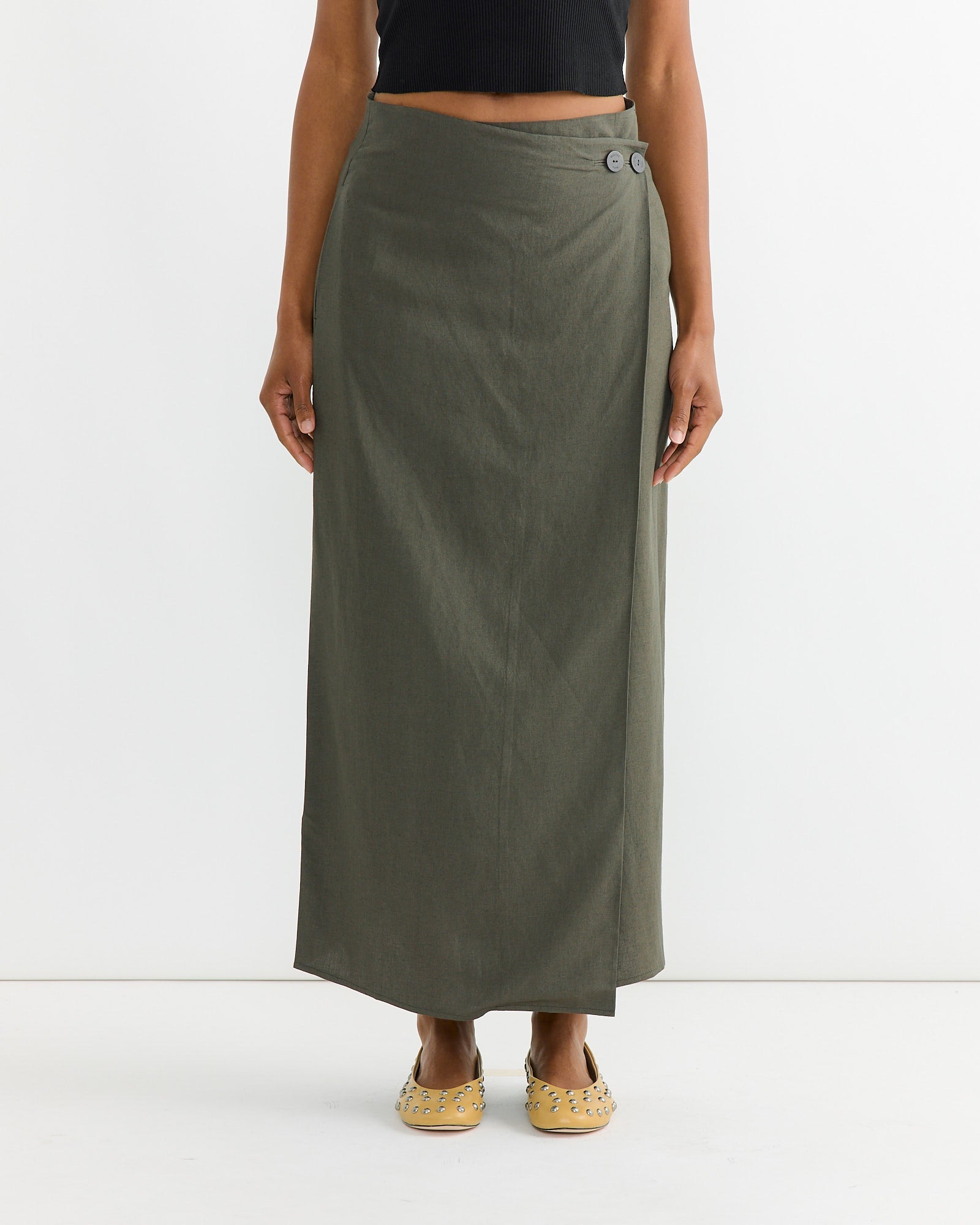 Linen Blend Maxi Wrap Skirt in Olive