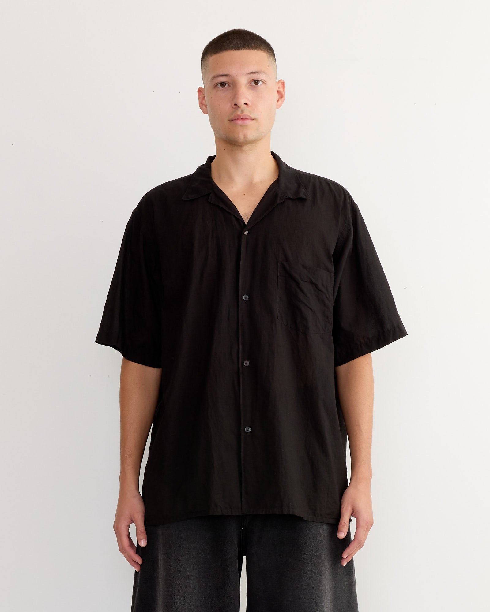 KHADI Cotton Open Collar Shirt in Black