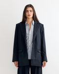 Split Back Blazer in Black Pinstripe