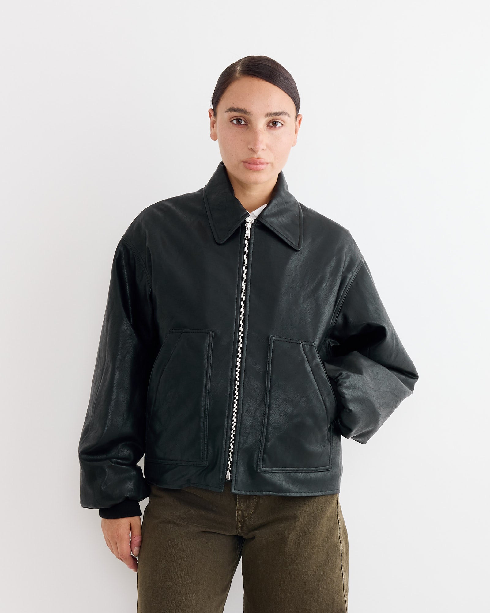 Faux Leather Bomber Jacket in Black