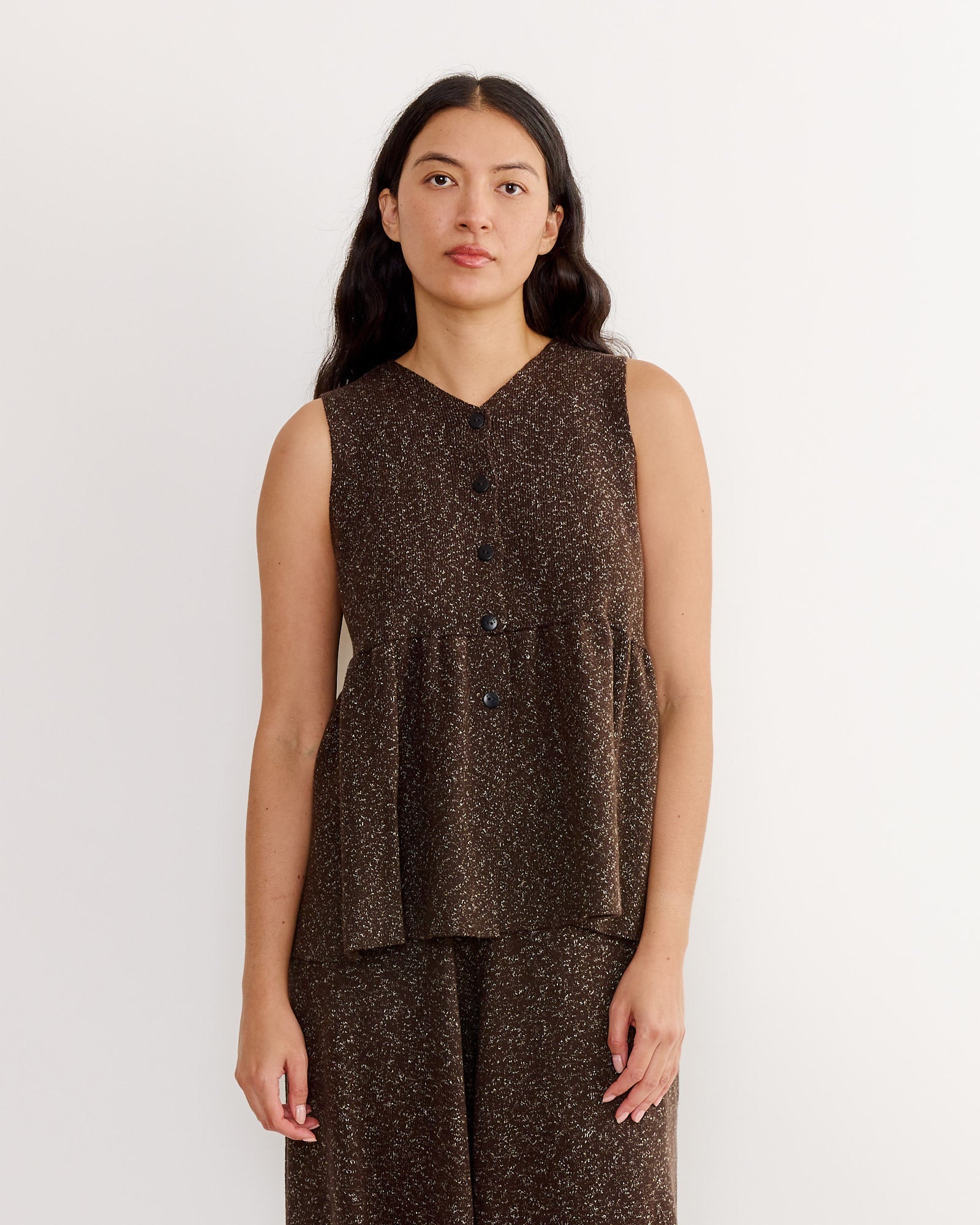 Flecked Cotton Peplum Top in Brown