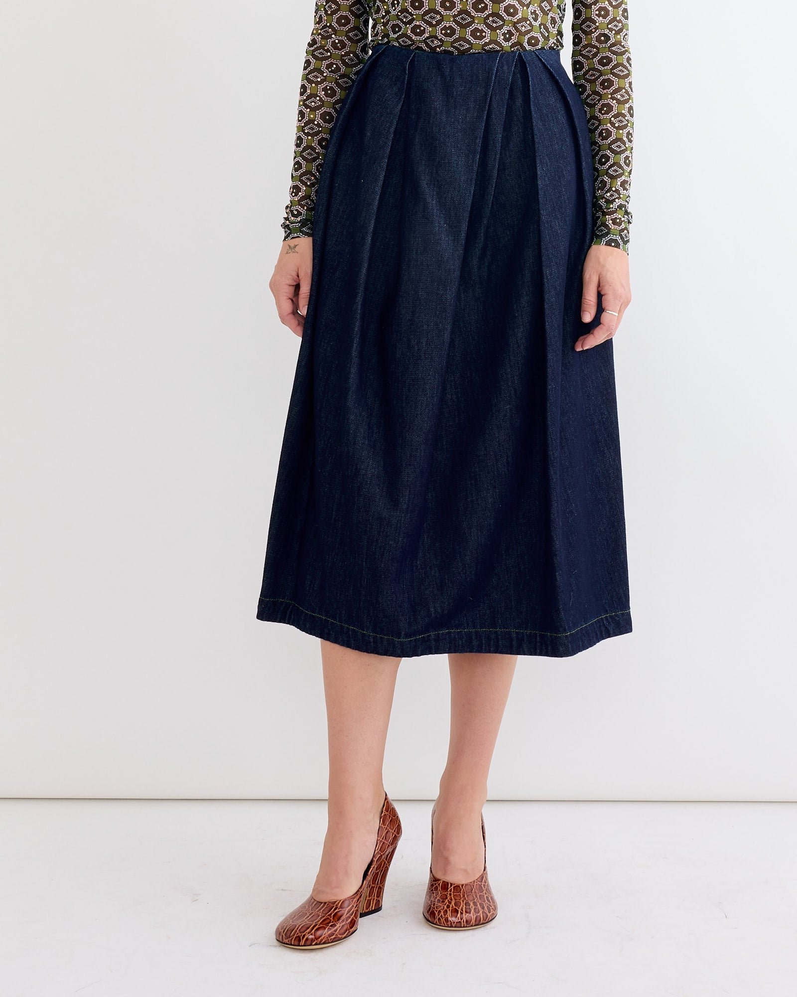 Pleated Denim Skirt in Indigo