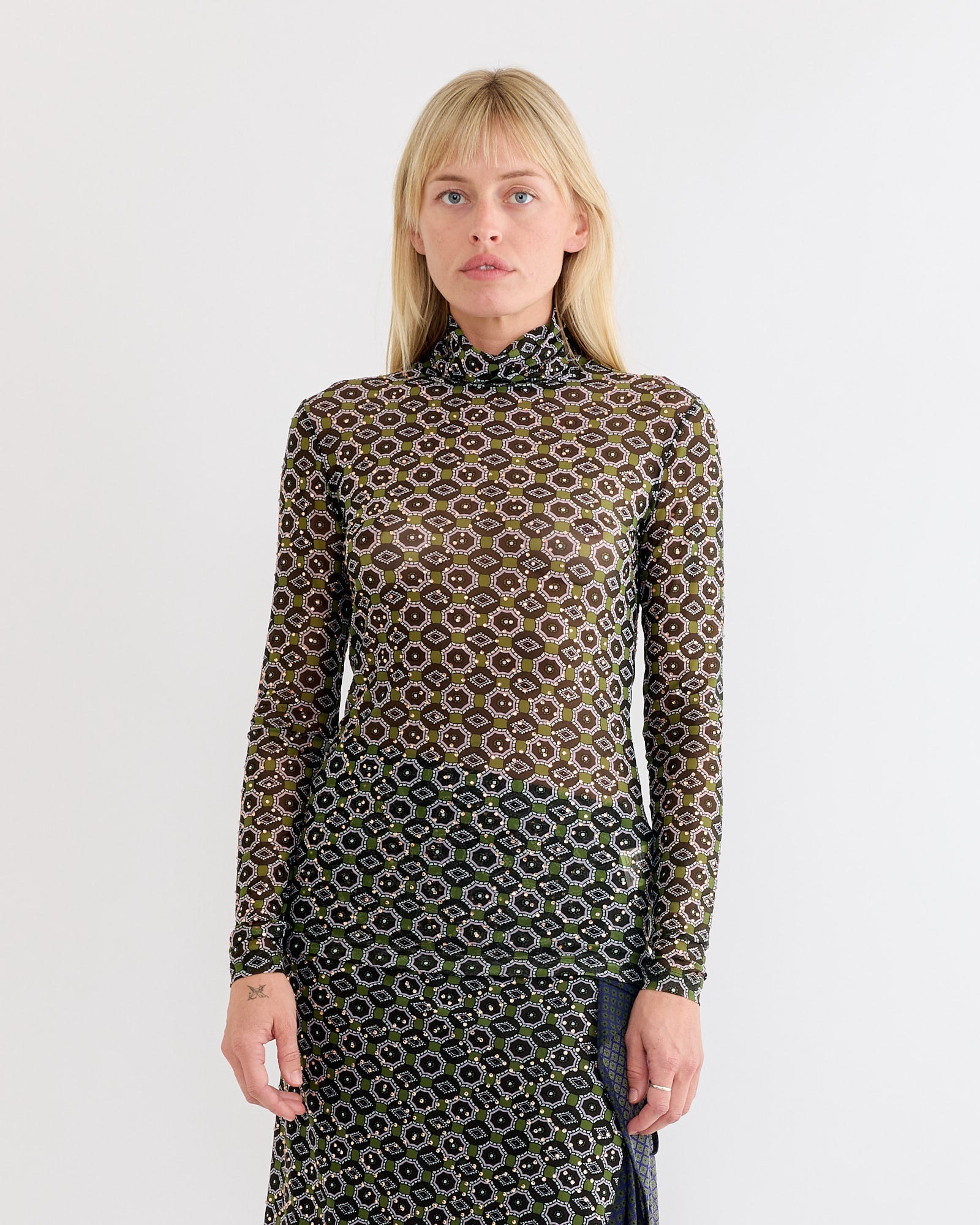 Embellished Turtleneck Tee in Green