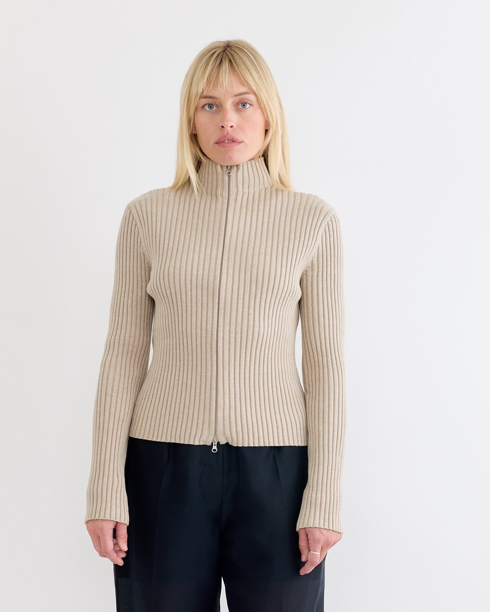 Ribbed High Neck Zip Up Cardigan in Beige