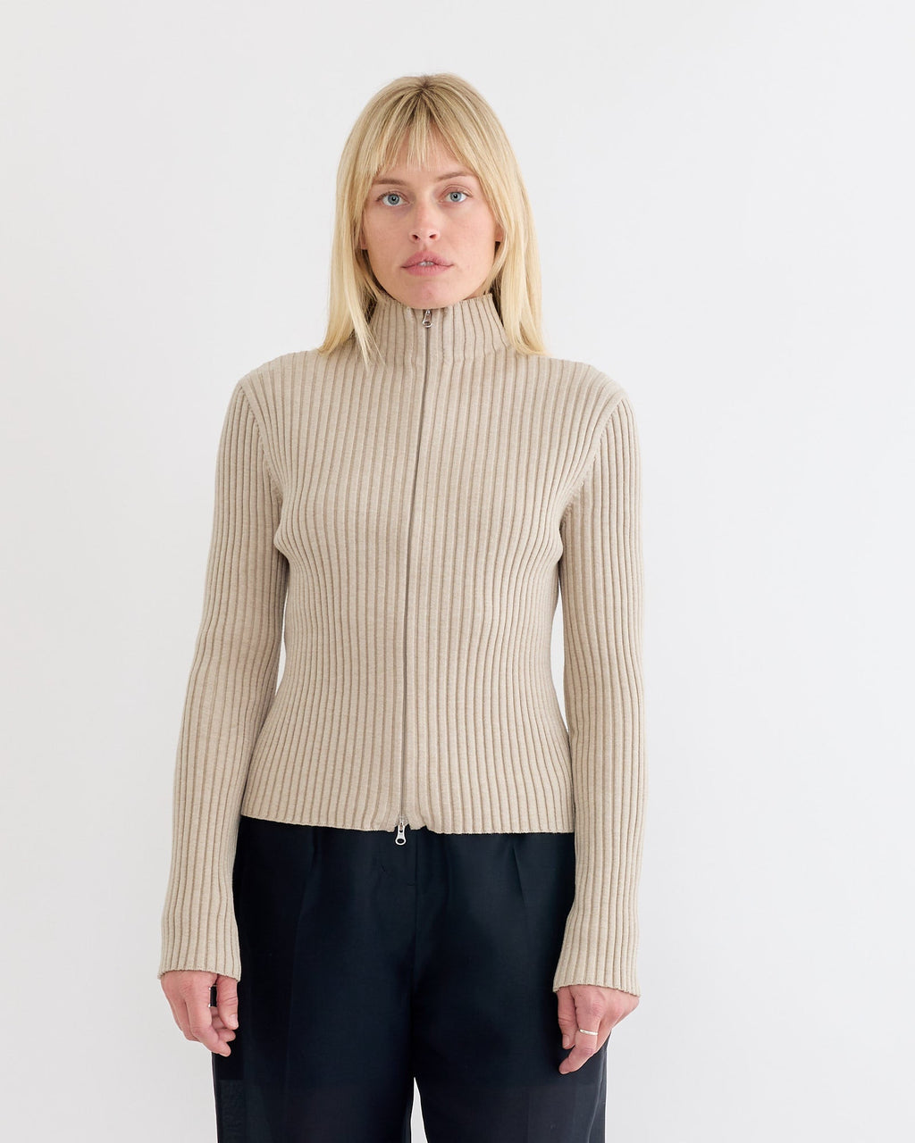 Ribbed High Neck Zip Up Cardigan in Beige