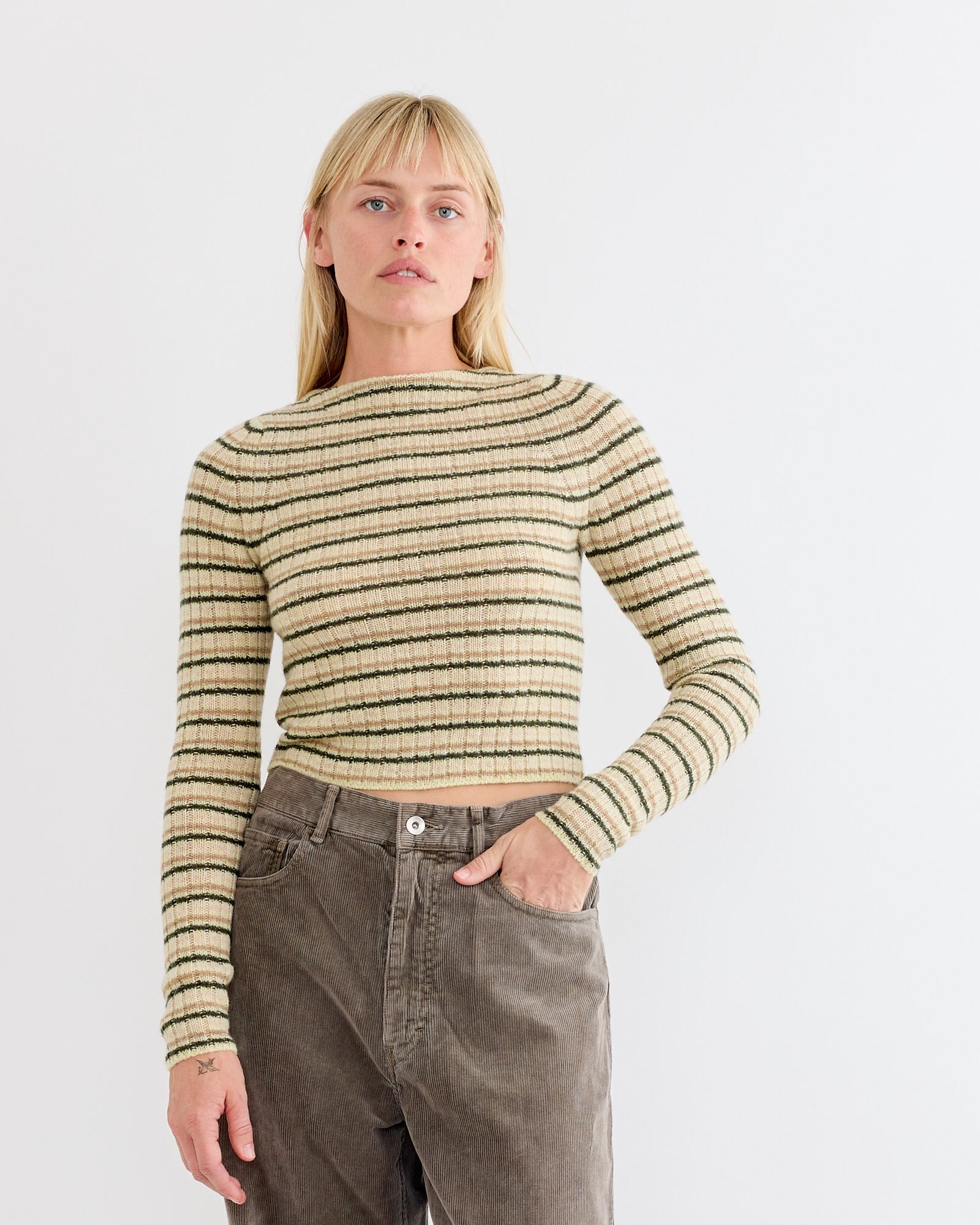 Wool Cashmere Boat Neck Pullover in Beige Stripe
