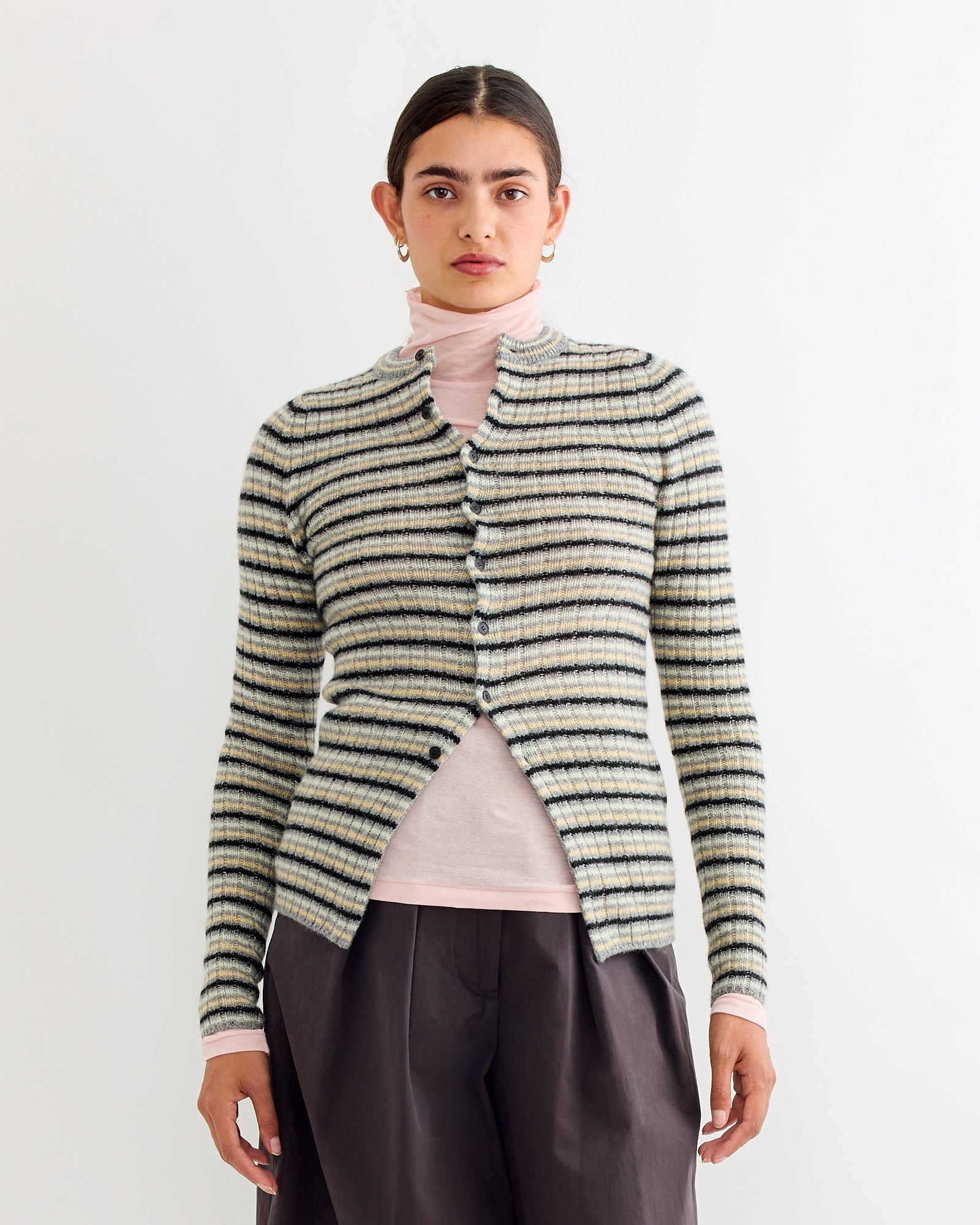 Wool Cashmere Cardigan in Grey Stripe